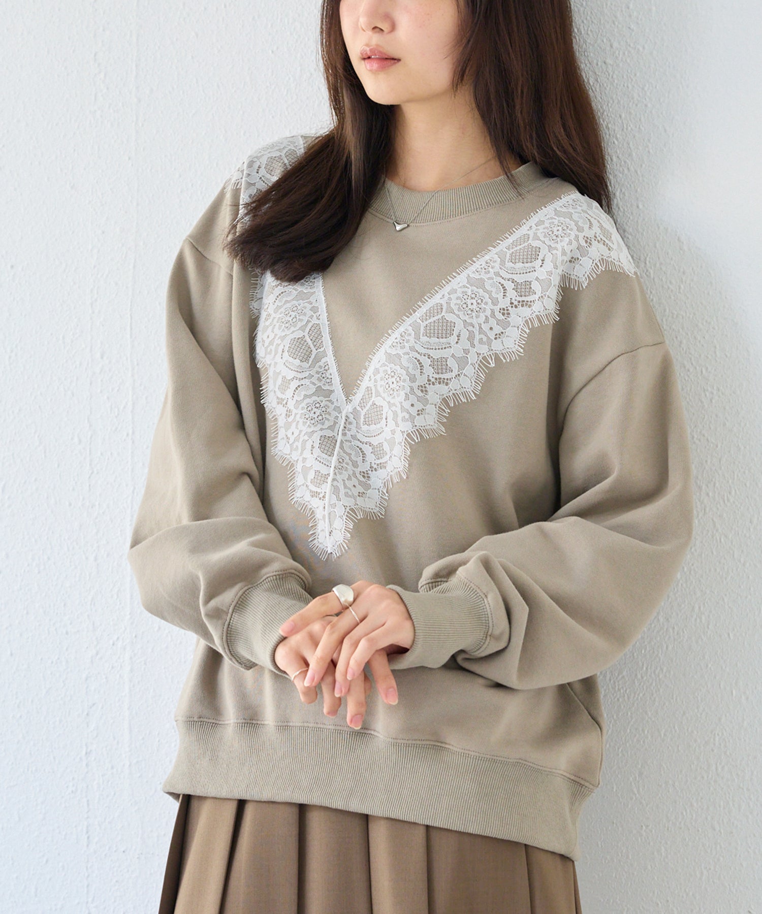 レース配色スウェットプルオーバー