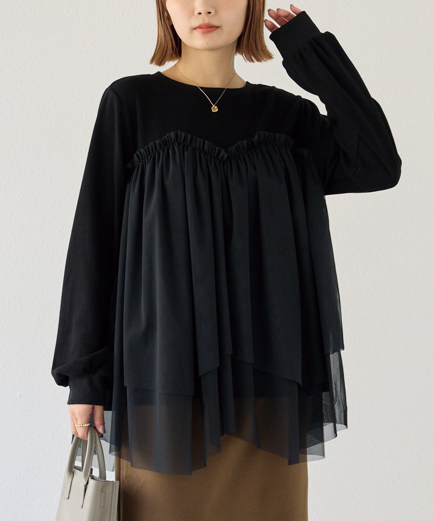 チュール切替ニットライクカットソー