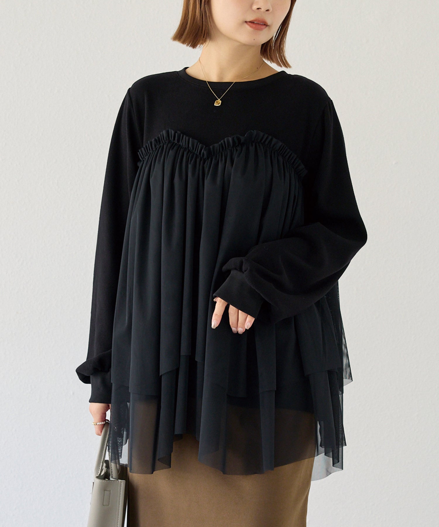 チュール切替ニットライクカットソー