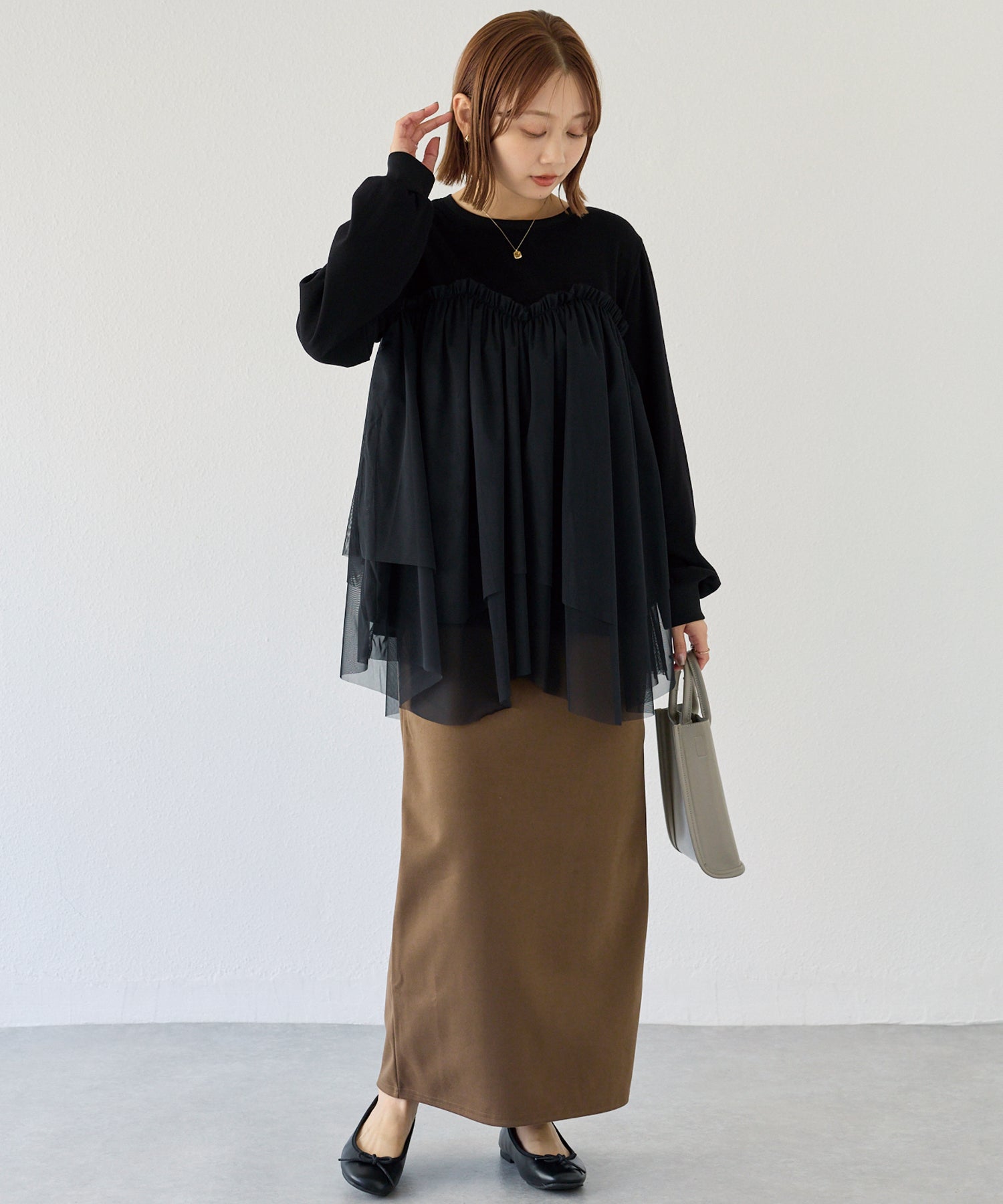 チュール切替ニットライクカットソー