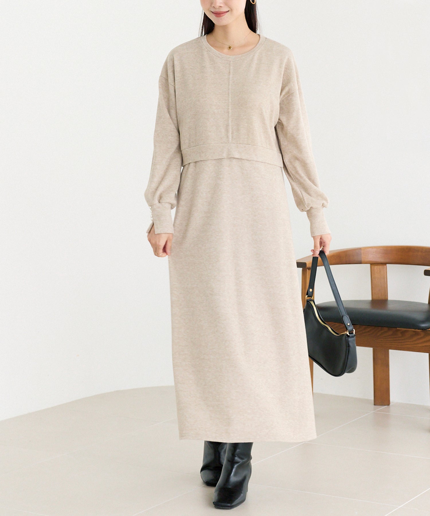 袖パールニットライクワンピース