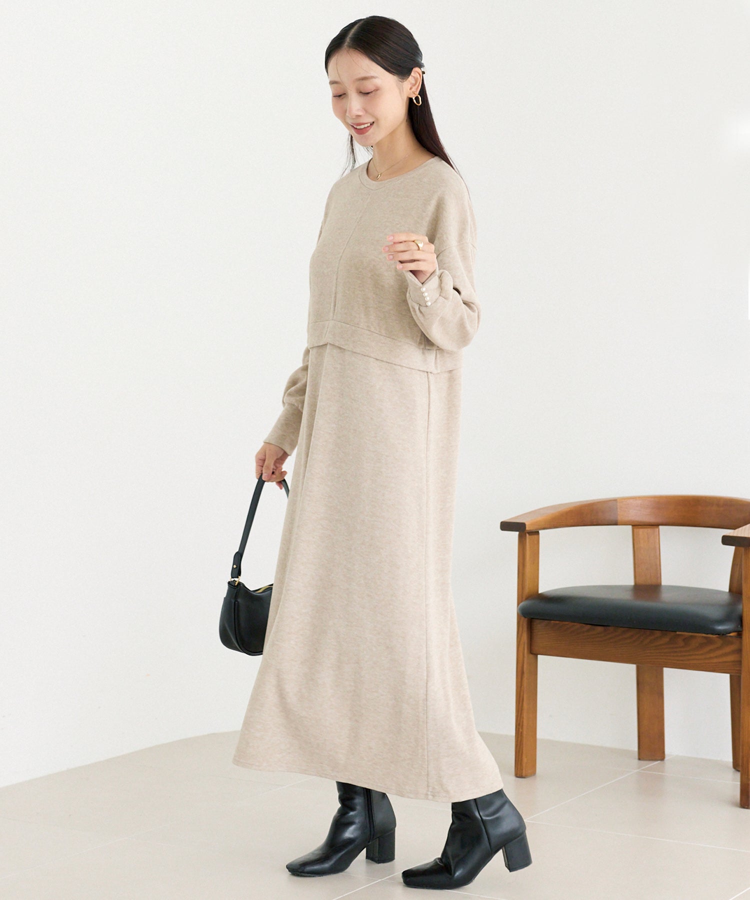 袖パールニットライクワンピース