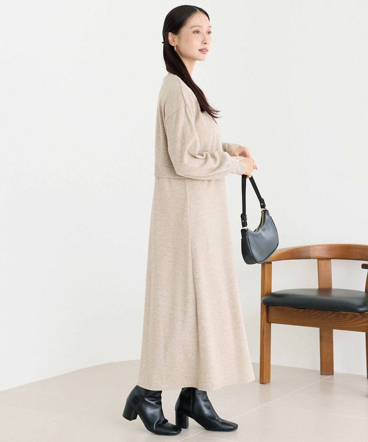 袖パールニットライクワンピース