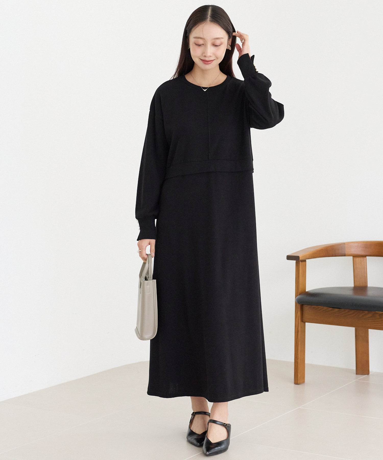 袖パールニットライクワンピース