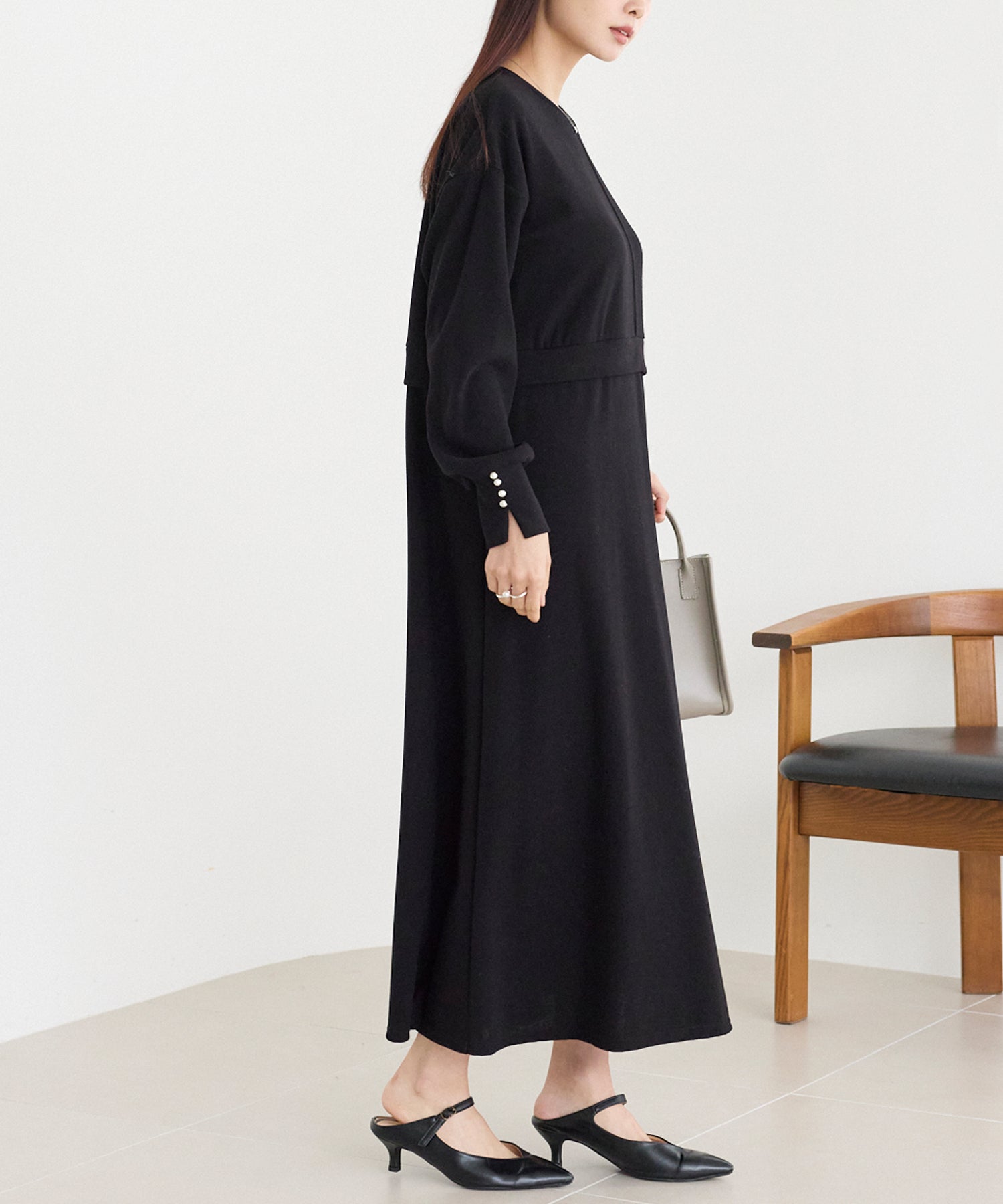 袖パールニットライクワンピース
