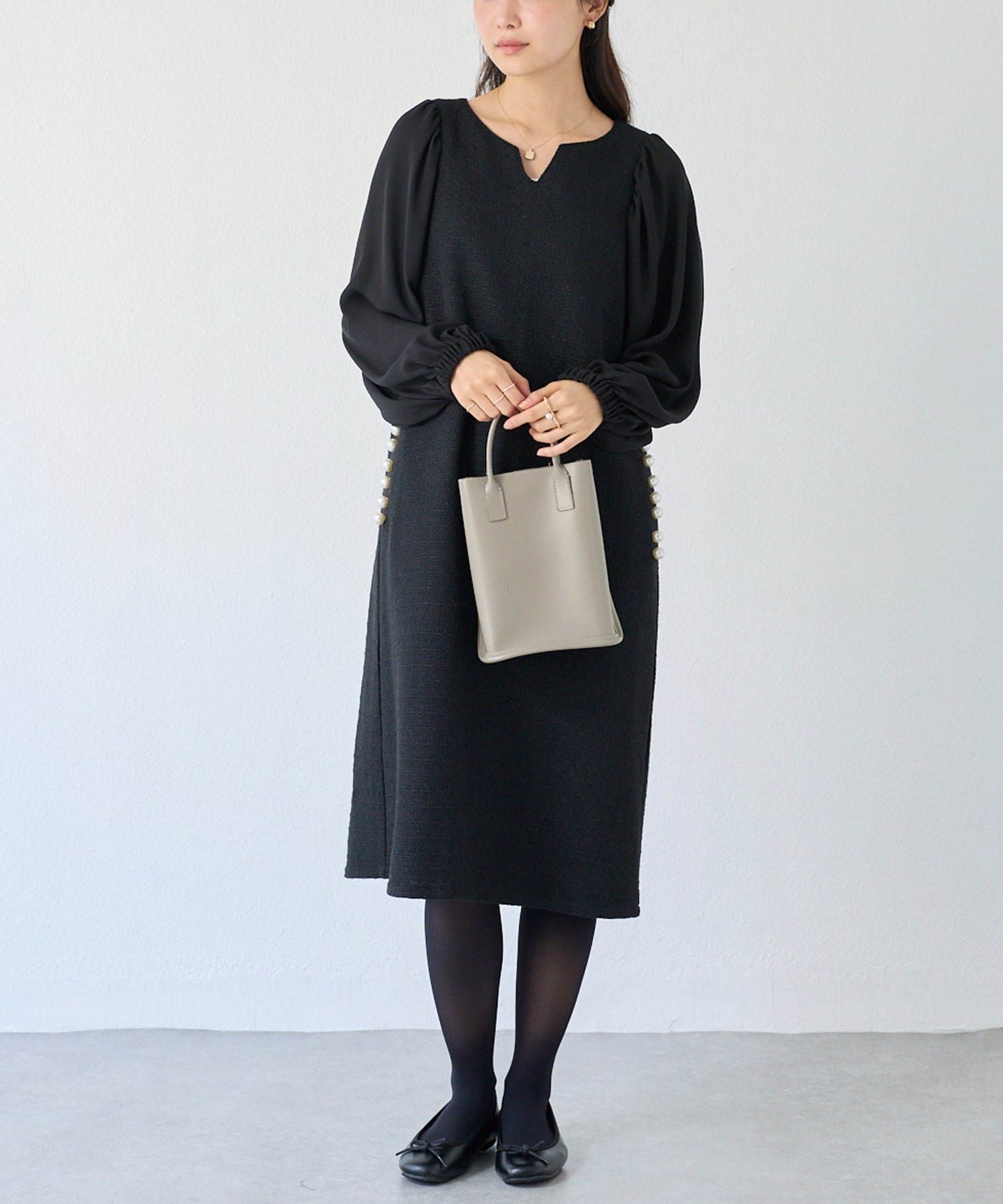 パールボタンツイードワンピース