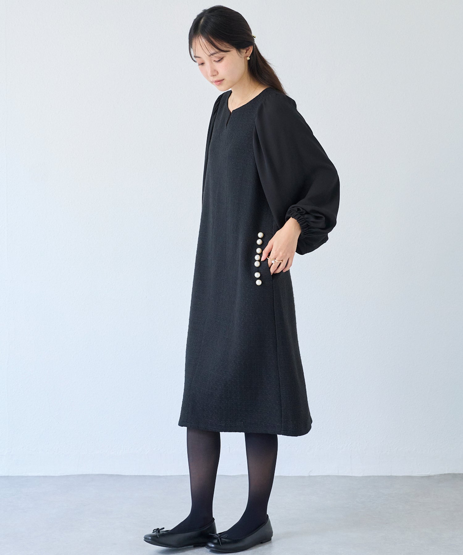 パールボタンツイードワンピース