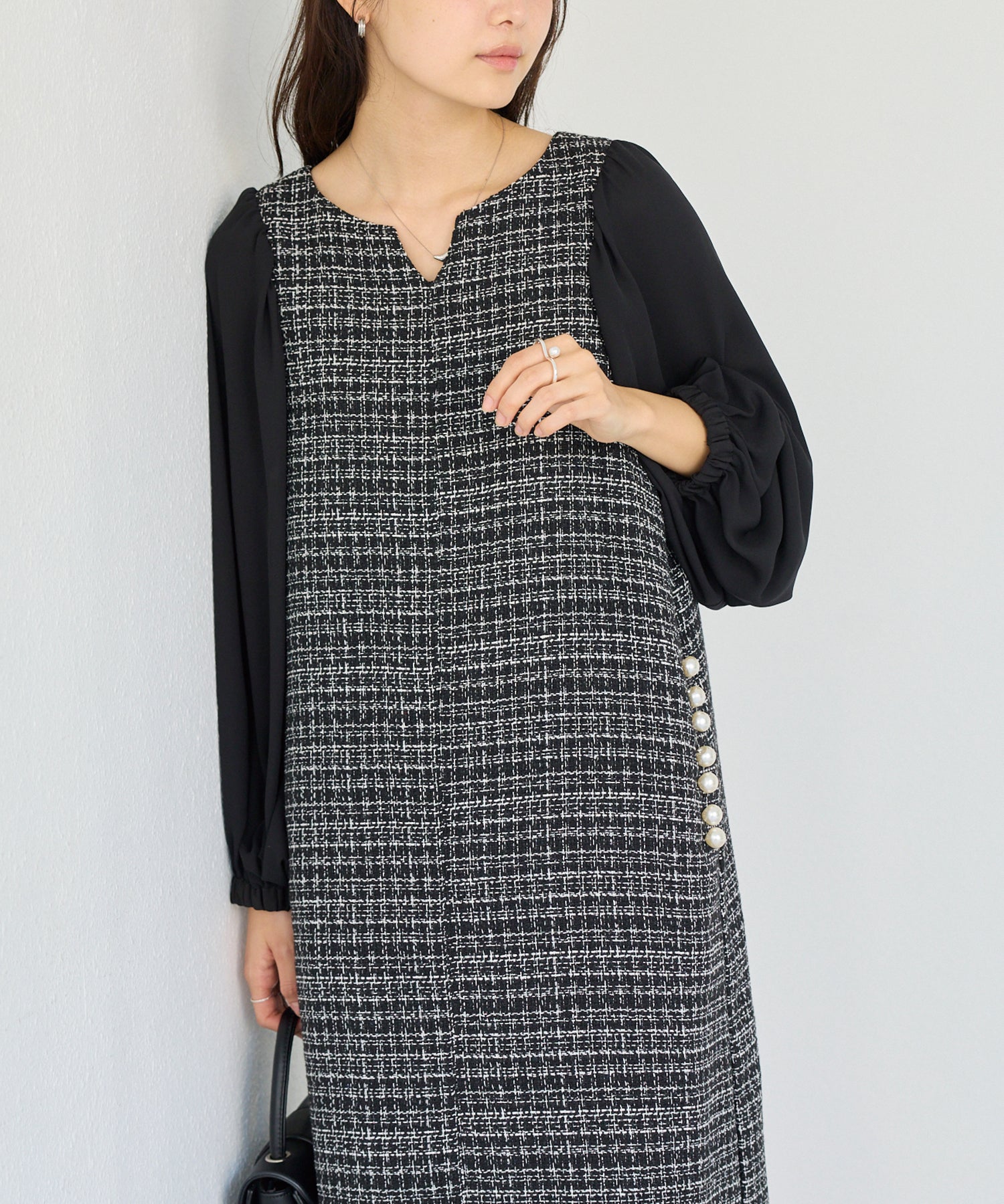 パールボタンツイードワンピース