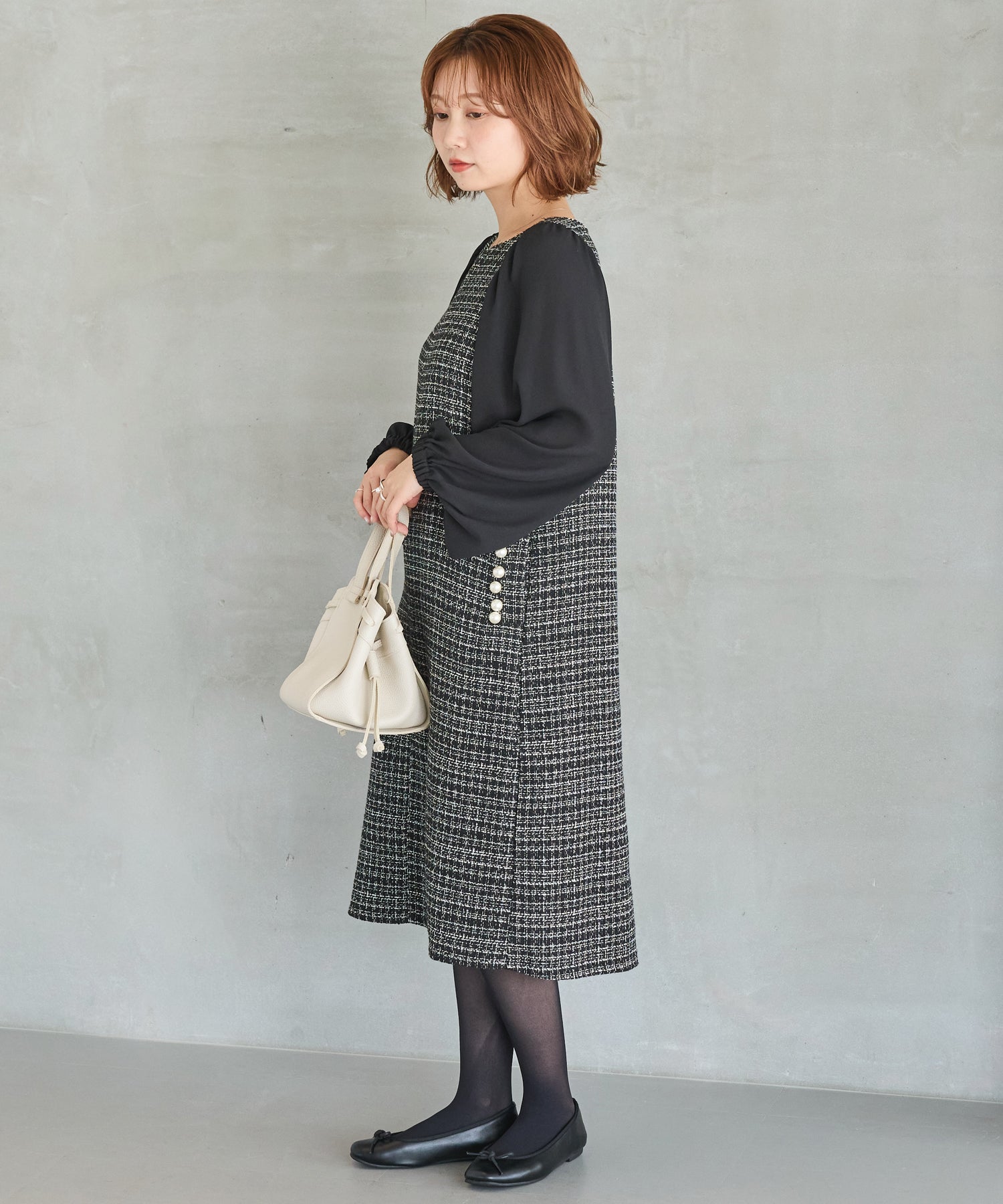 パールボタンツイードワンピース