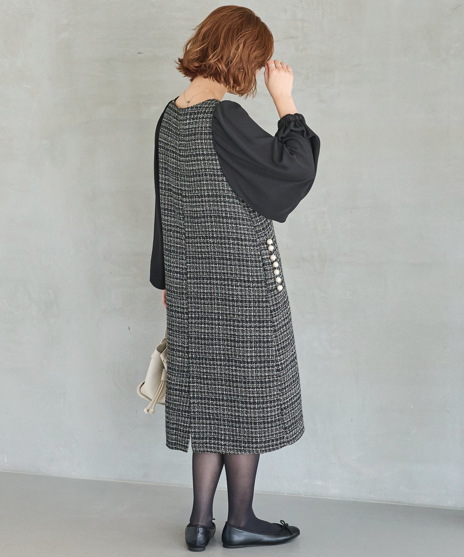 パールボタンツイードワンピース