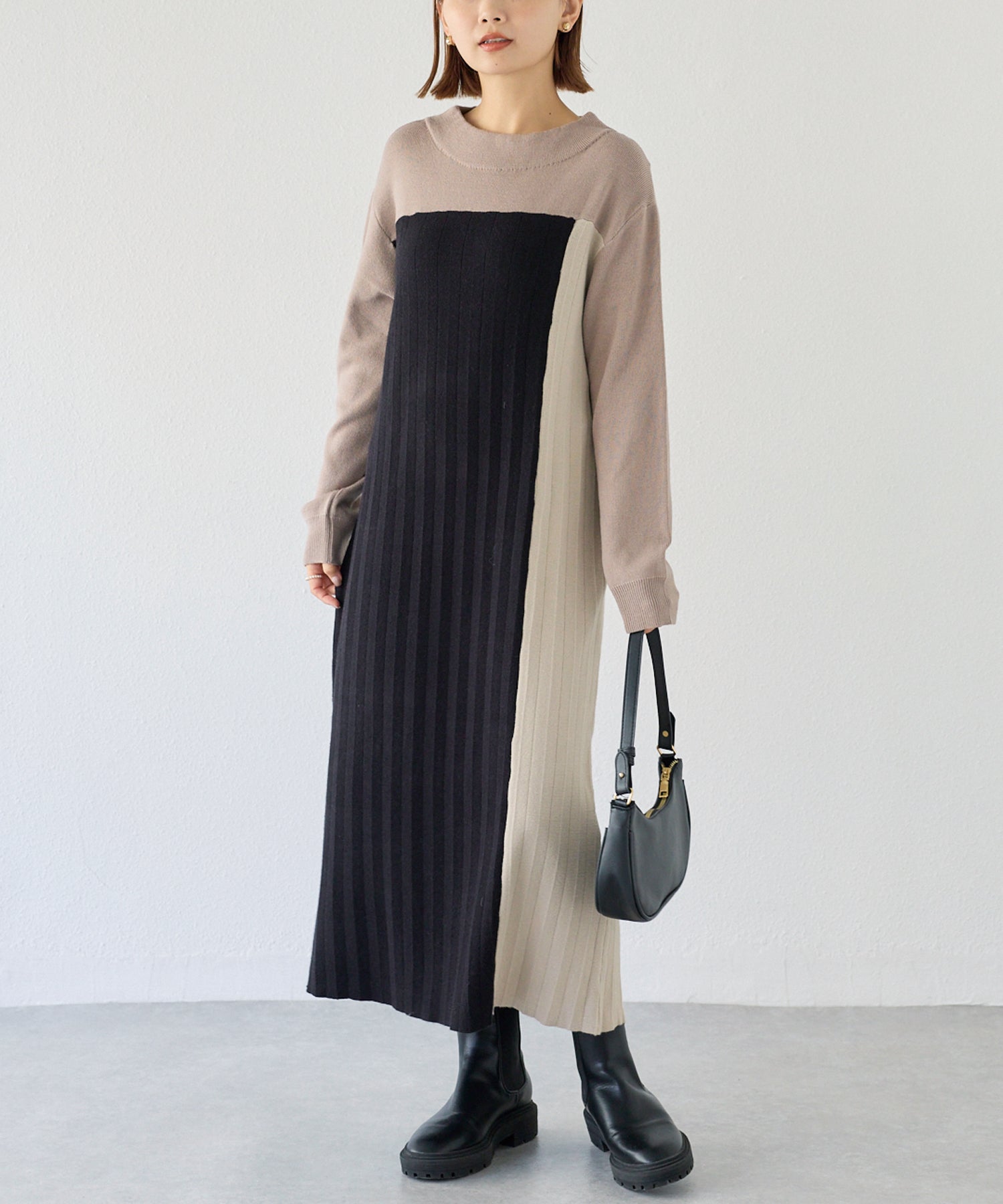 【洗える】カラーブロッキングニットワンピース