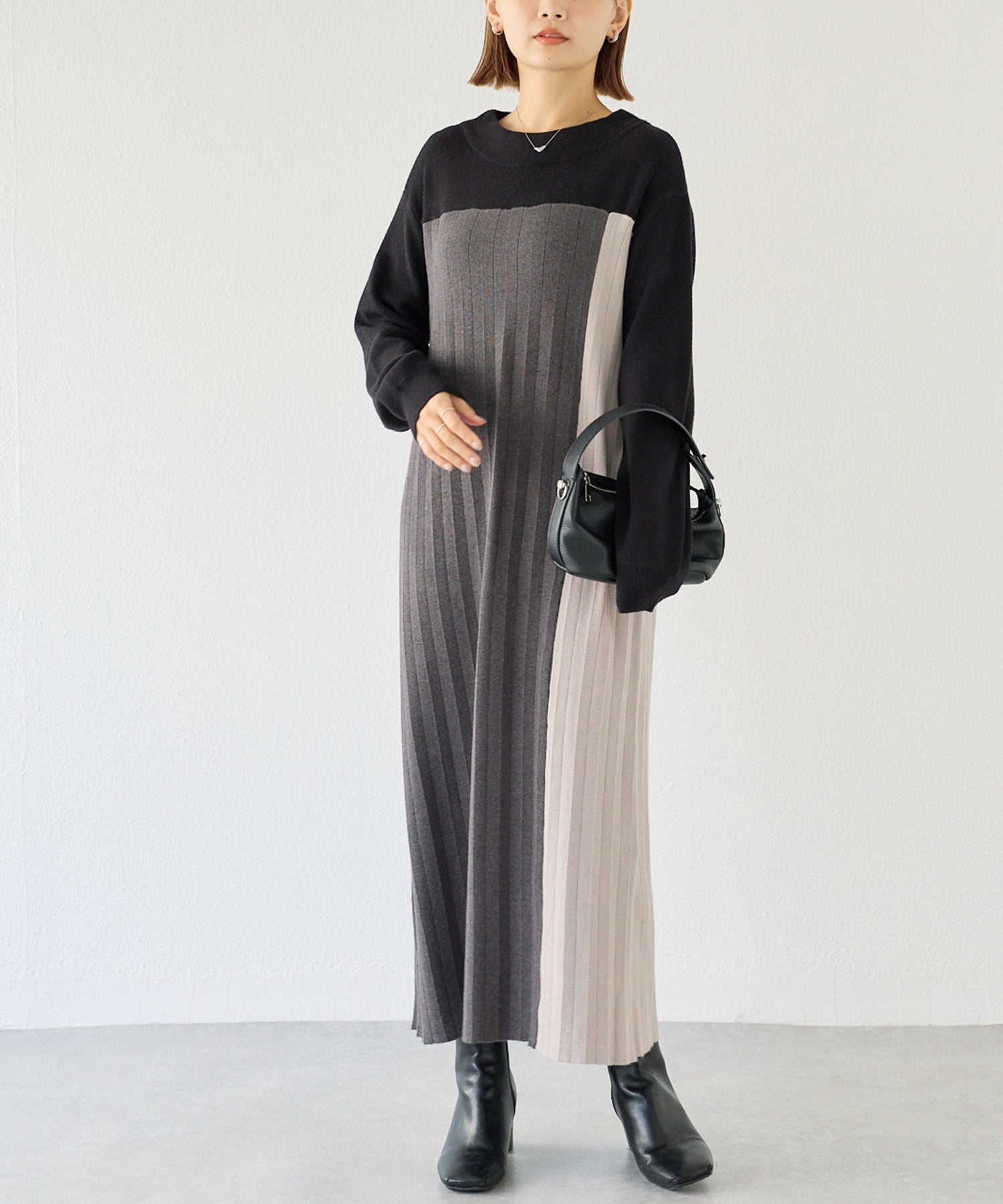 【洗える】カラーブロッキングニットワンピース