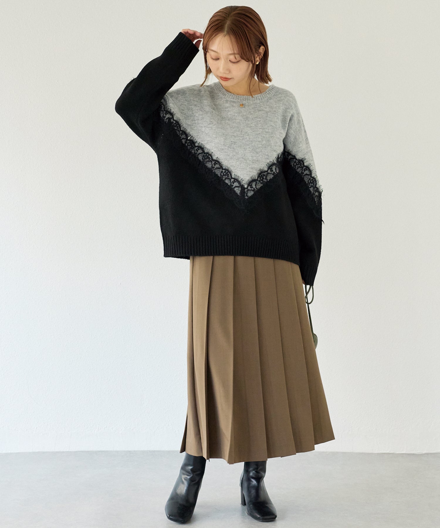 【洗える】レース切替バイカラーニットプルオーバー