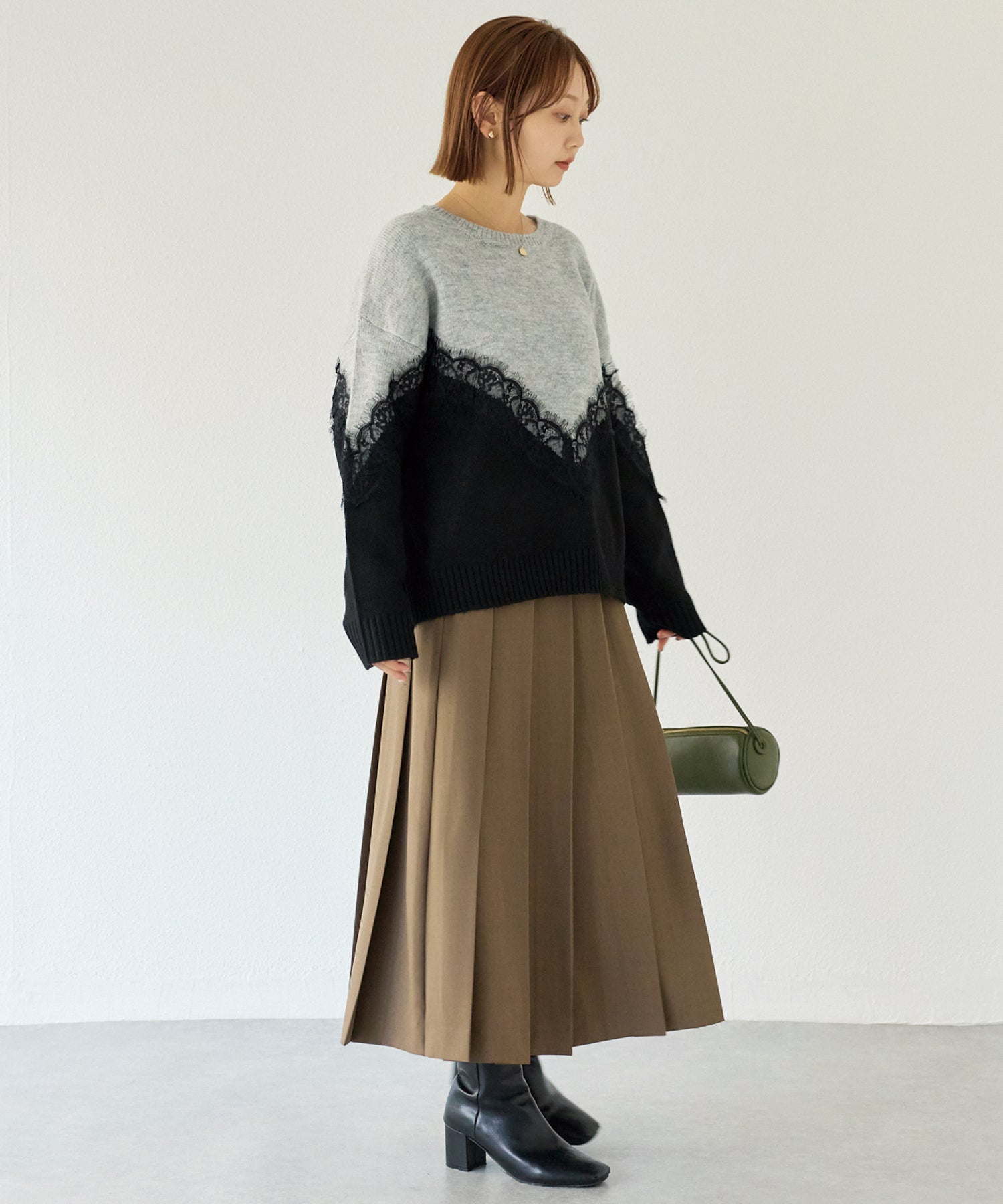 【洗える】レース切替バイカラーニットプルオーバー