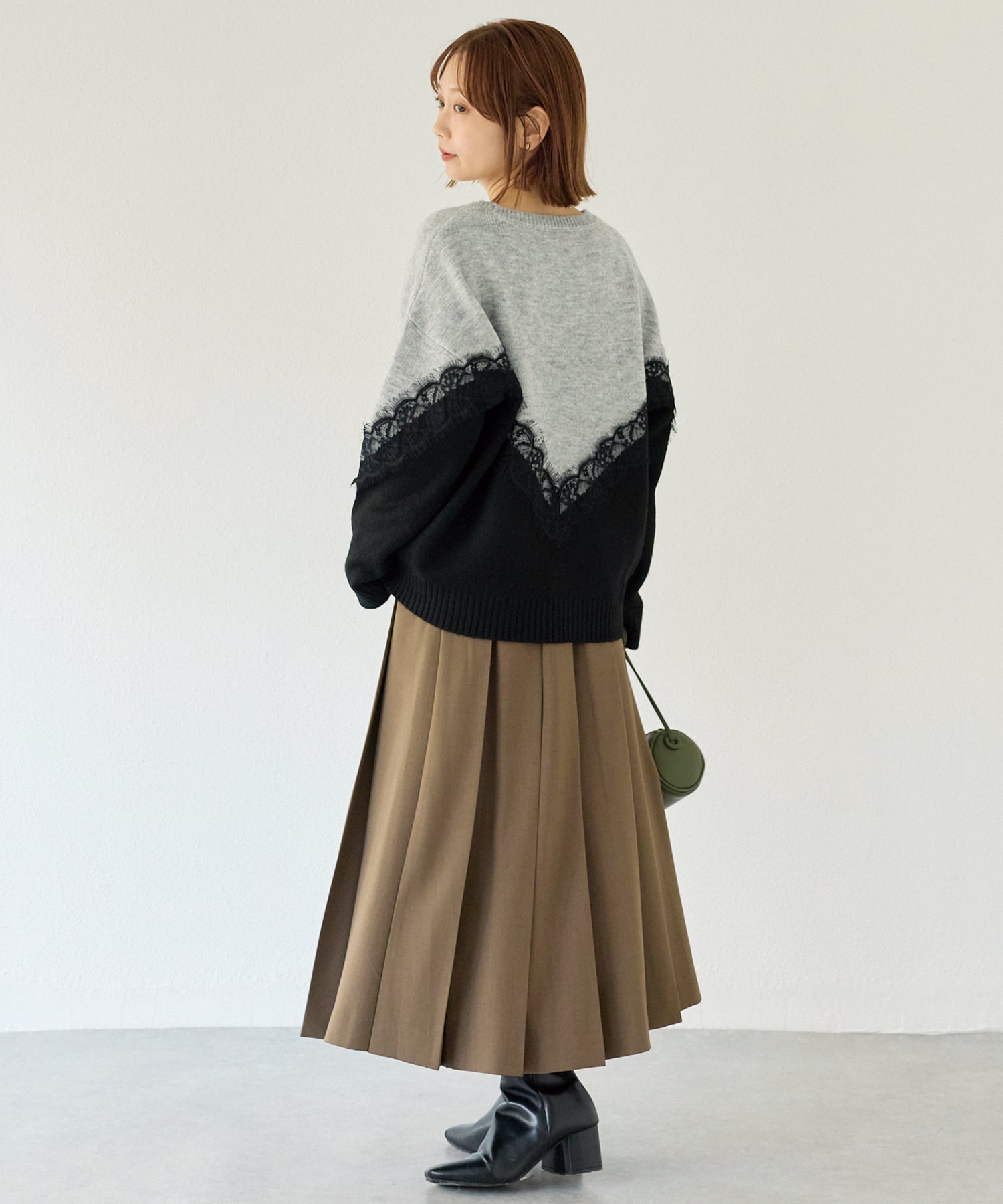 【洗える】レース切替バイカラーニットプルオーバー