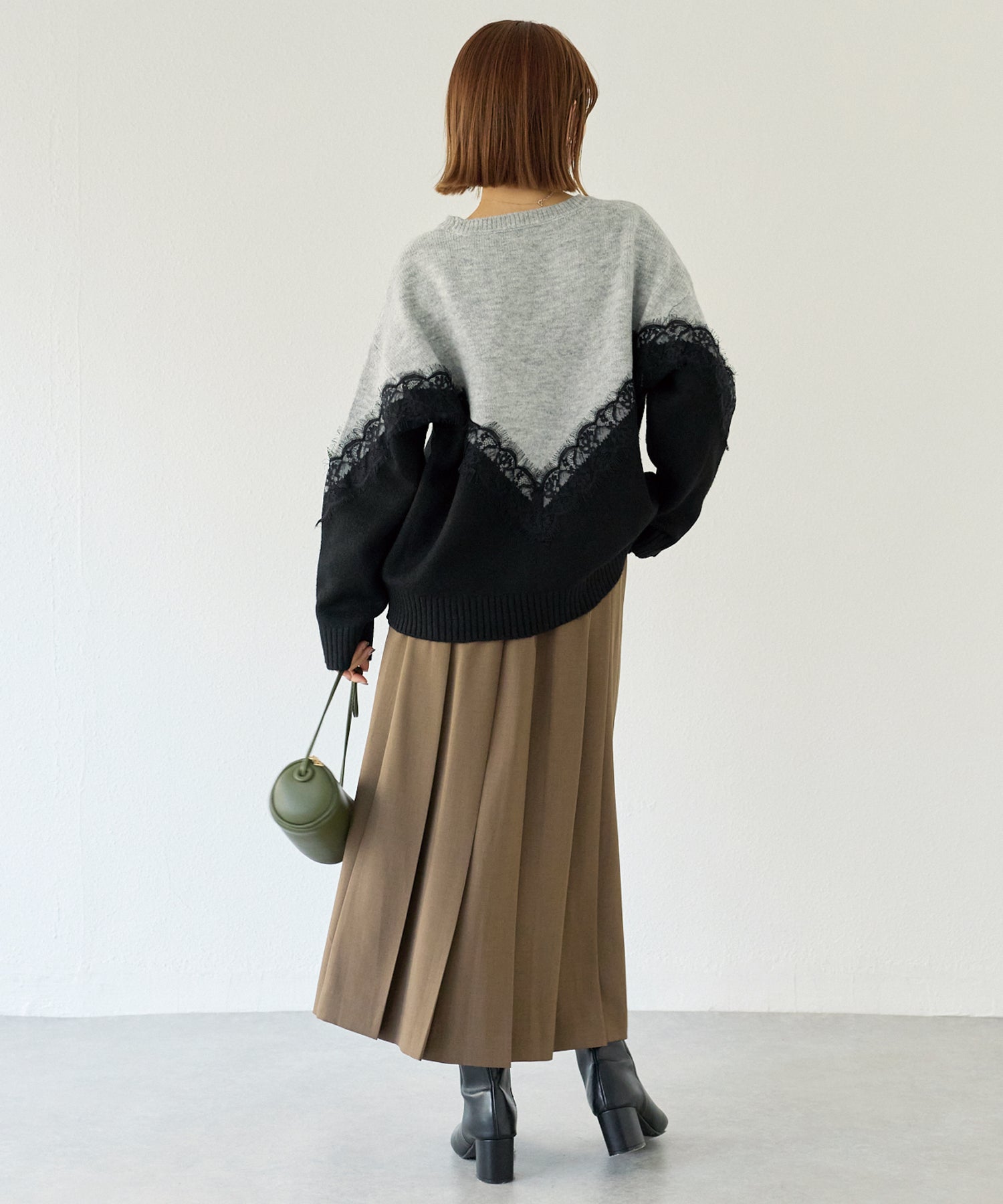 【洗える】レース切替バイカラーニットプルオーバー