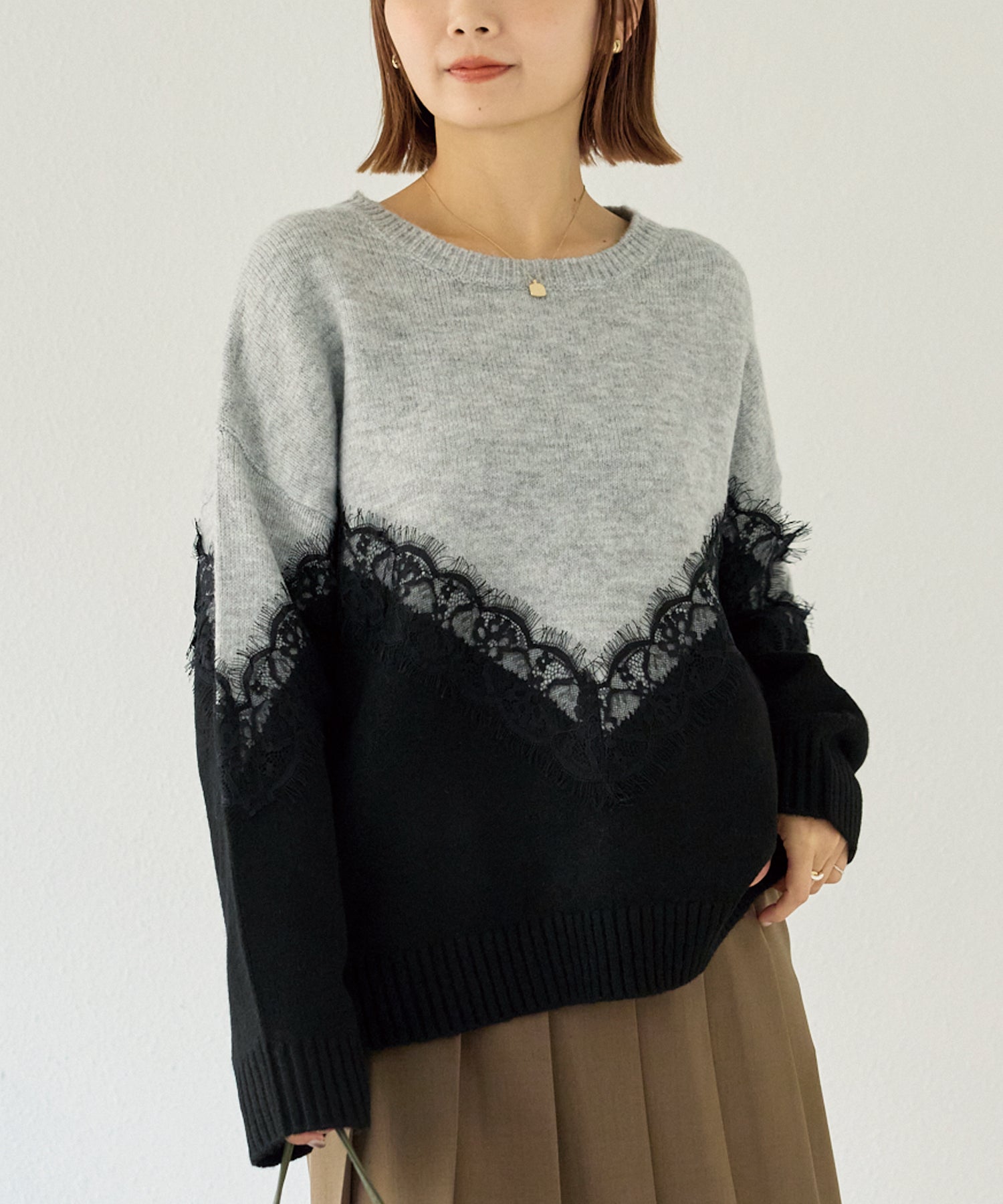 【洗える】レース切替バイカラーニットプルオーバー