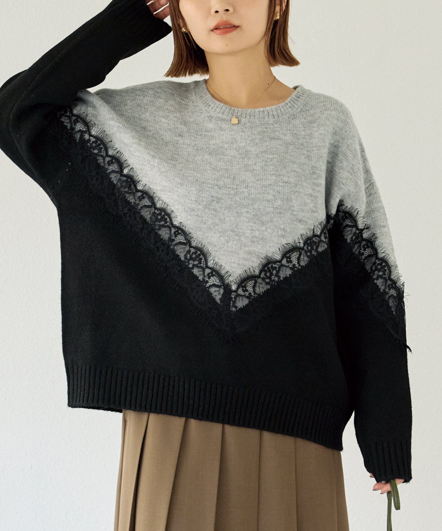 【洗える】レース切替バイカラーニットプルオーバー