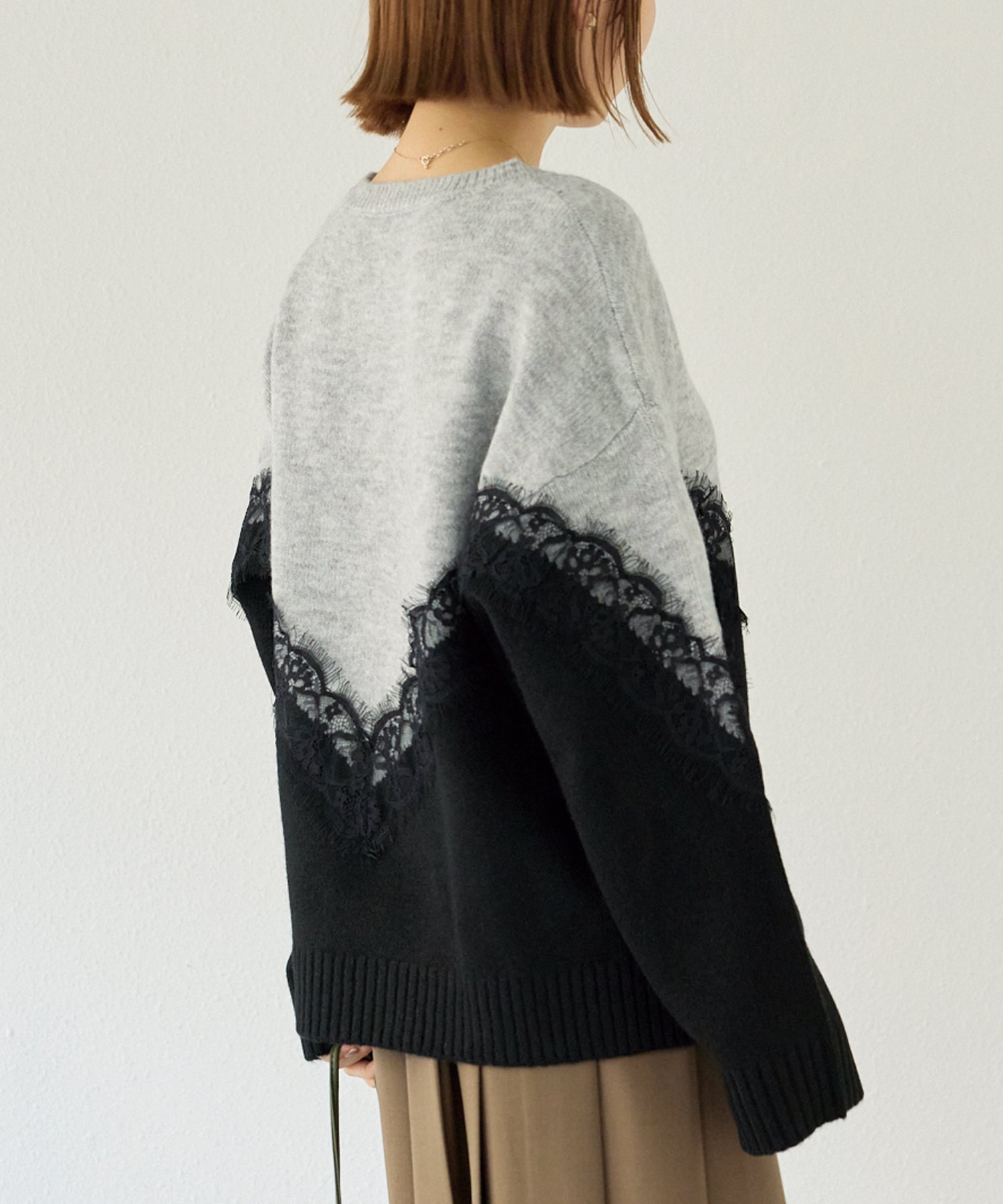 【洗える】レース切替バイカラーニットプルオーバー