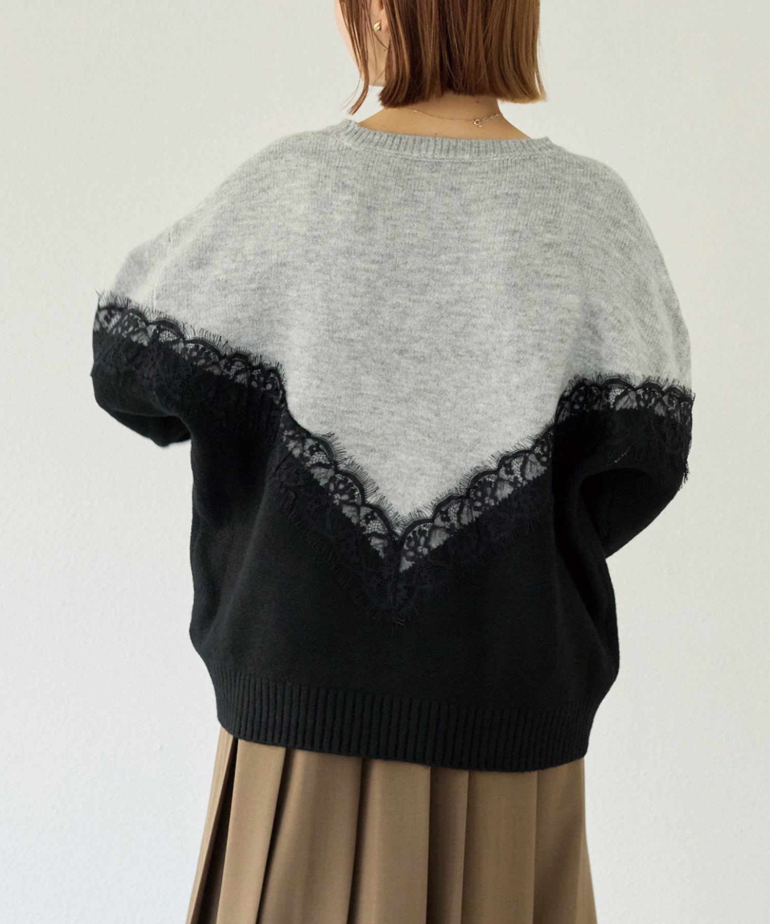 【洗える】レース切替バイカラーニットプルオーバー