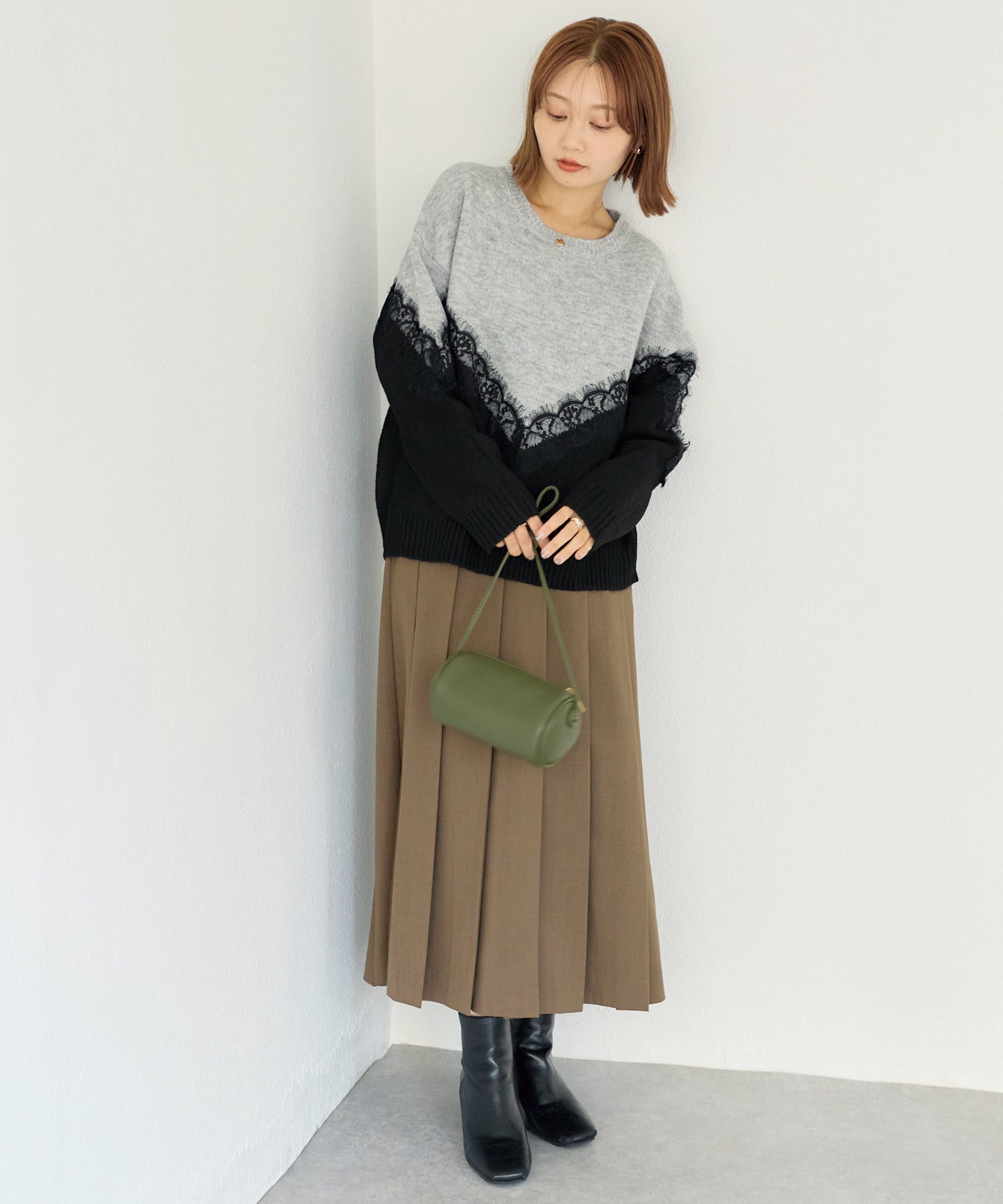 【洗える】レース切替バイカラーニットプルオーバー