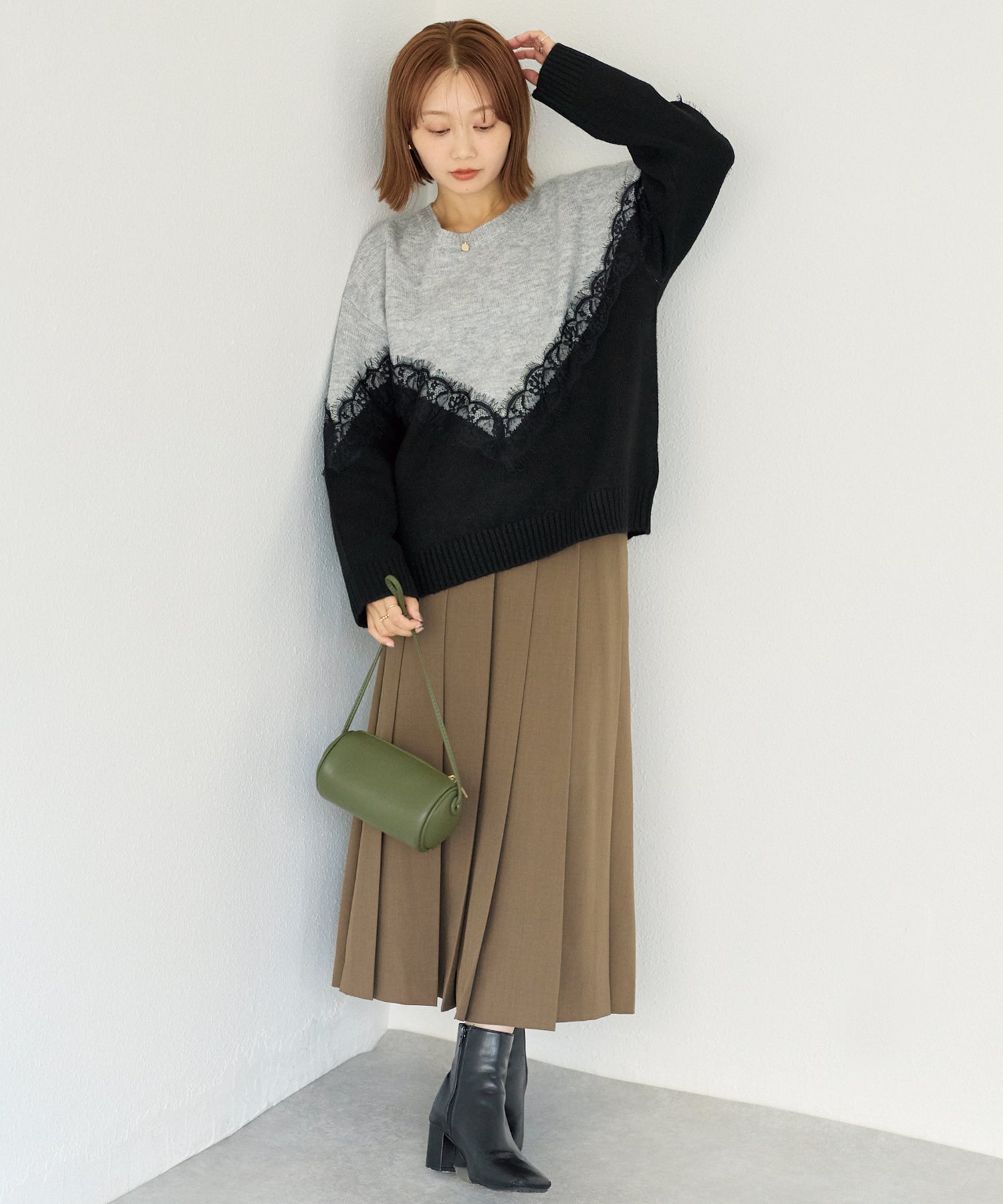 【洗える】レース切替バイカラーニットプルオーバー