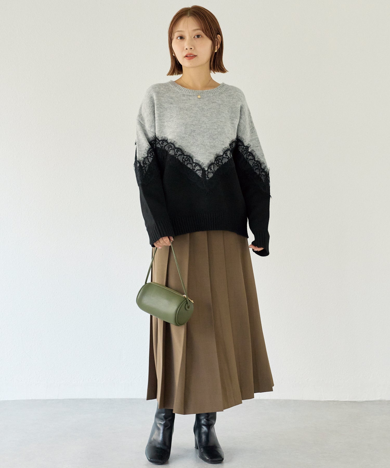 【洗える】レース切替バイカラーニットプルオーバー