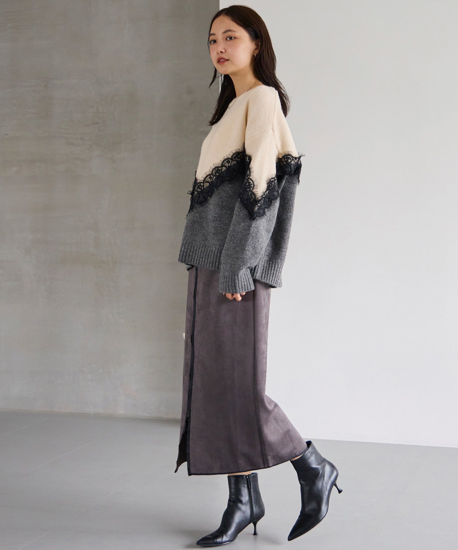 【洗える】レース切替バイカラーニットプルオーバー