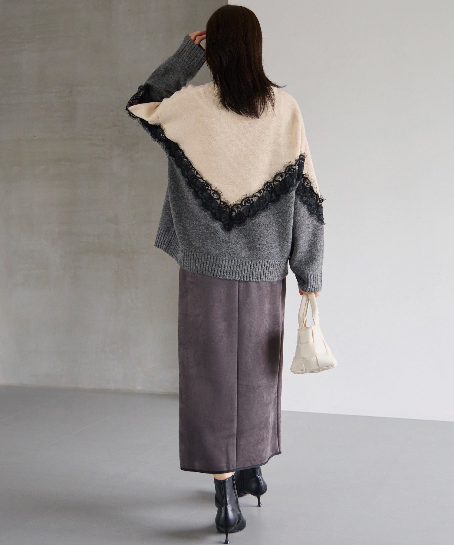 【洗える】レース切替バイカラーニットプルオーバー