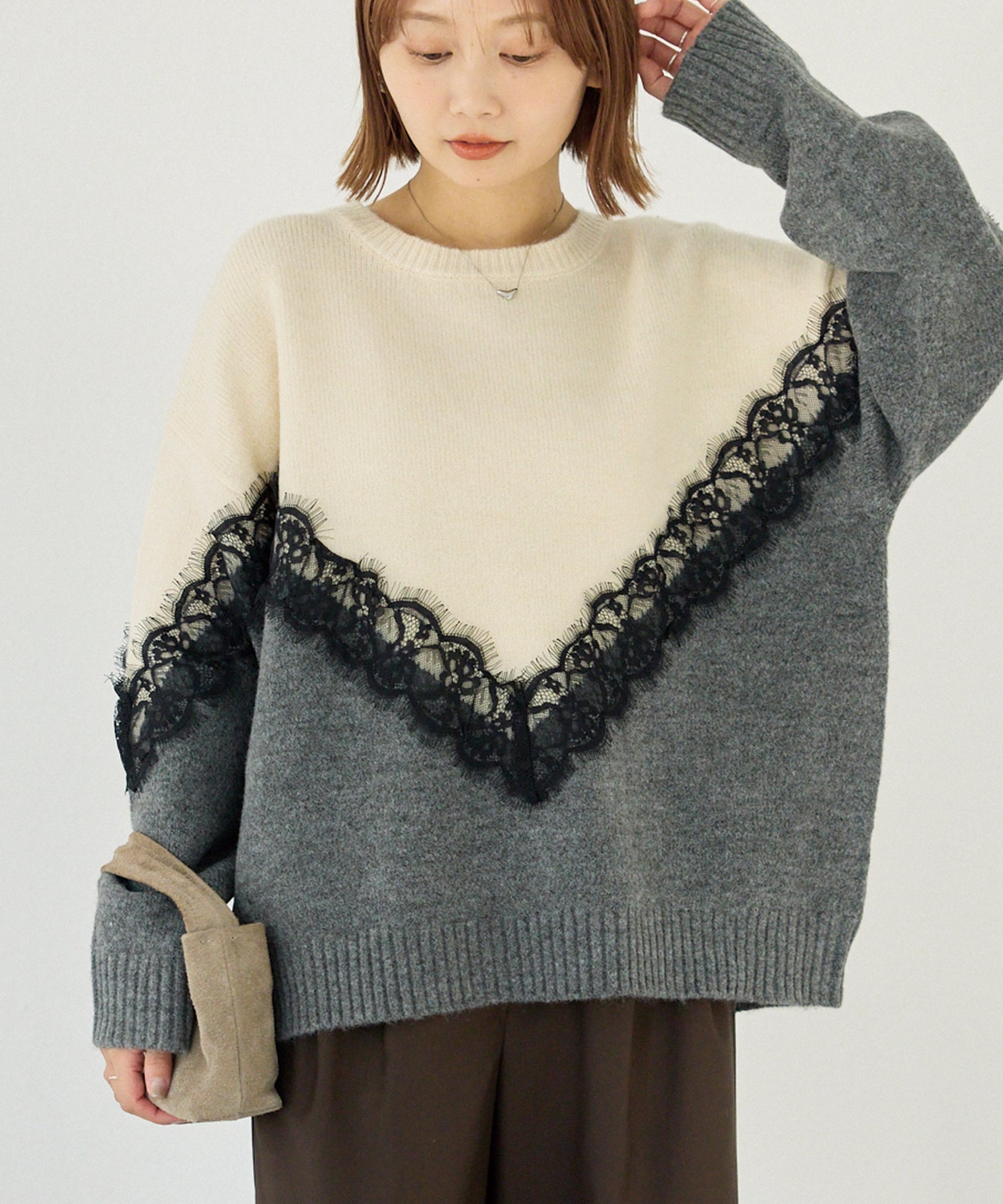 【洗える】レース切替バイカラーニットプルオーバー