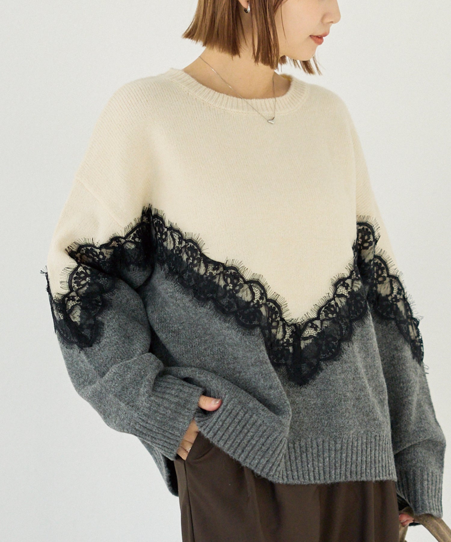 【洗える】レース切替バイカラーニットプルオーバー