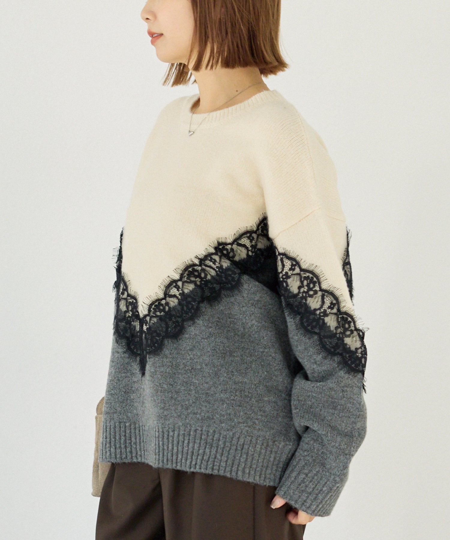 【洗える】レース切替バイカラーニットプルオーバー