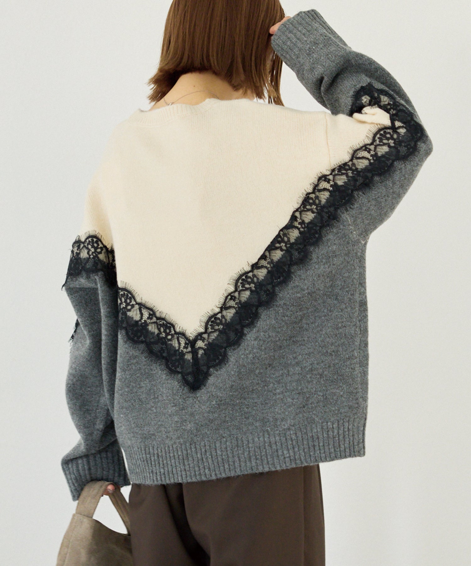 【洗える】レース切替バイカラーニットプルオーバー