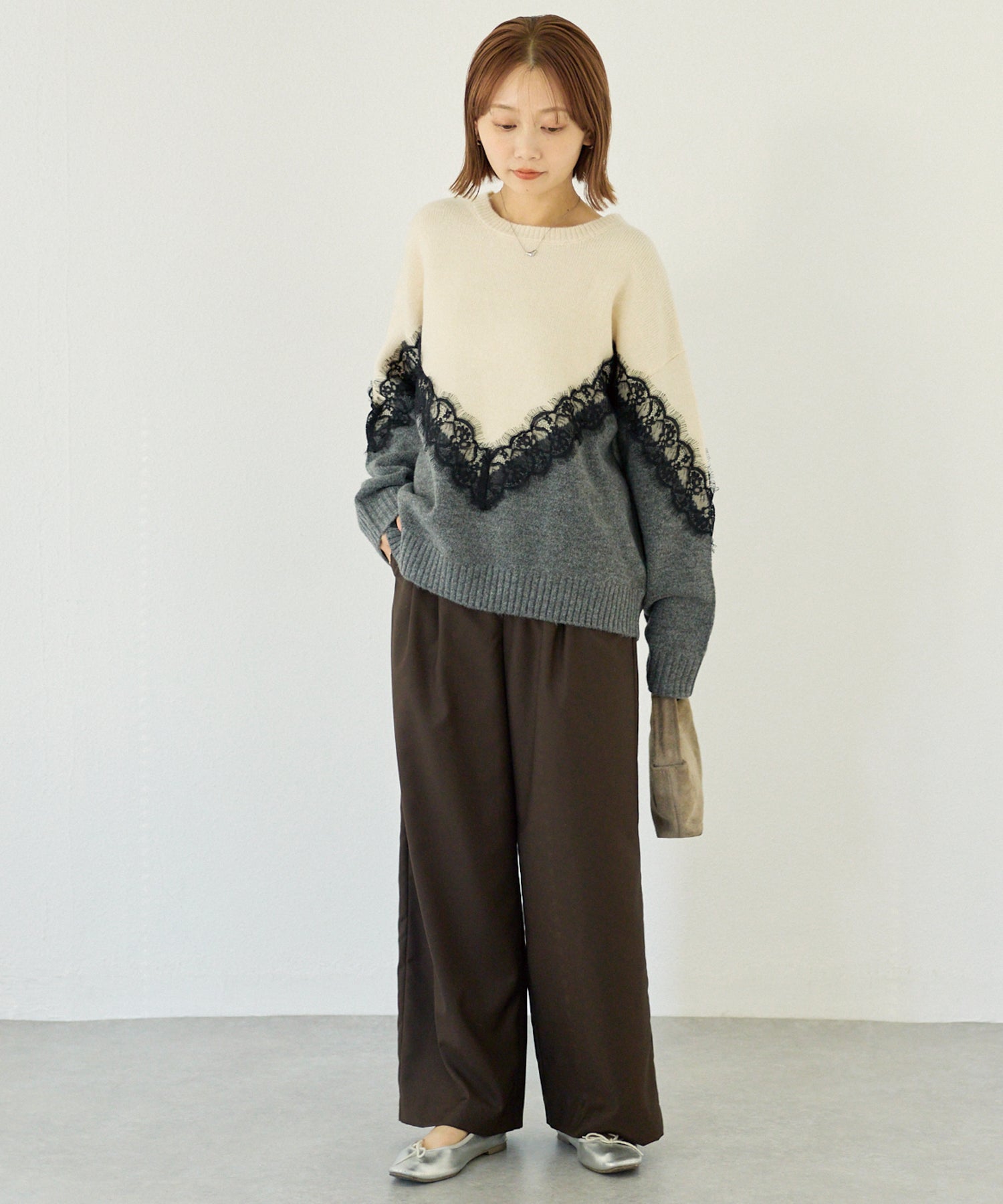 【洗える】レース切替バイカラーニットプルオーバー