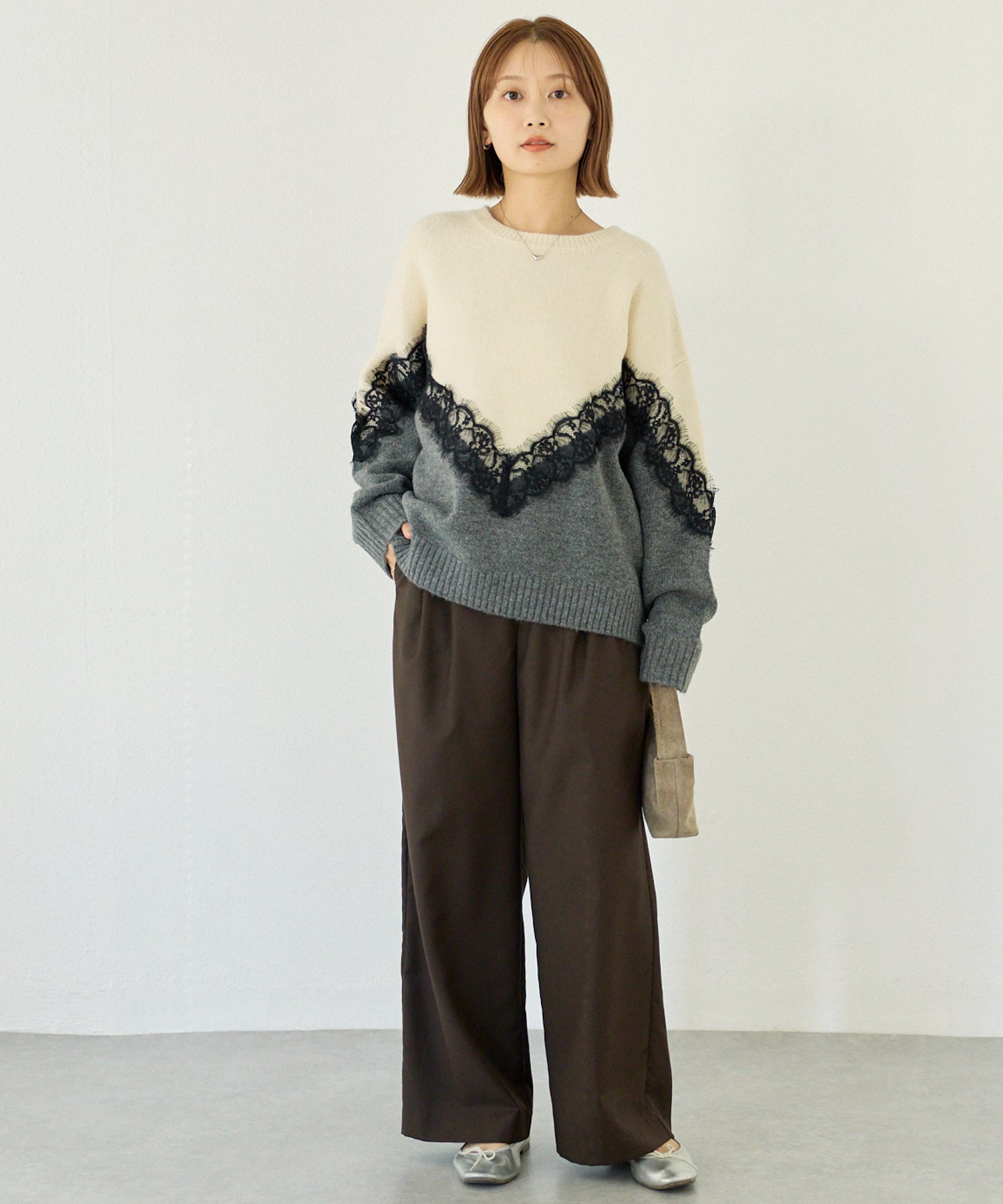 【洗える】レース切替バイカラーニットプルオーバー