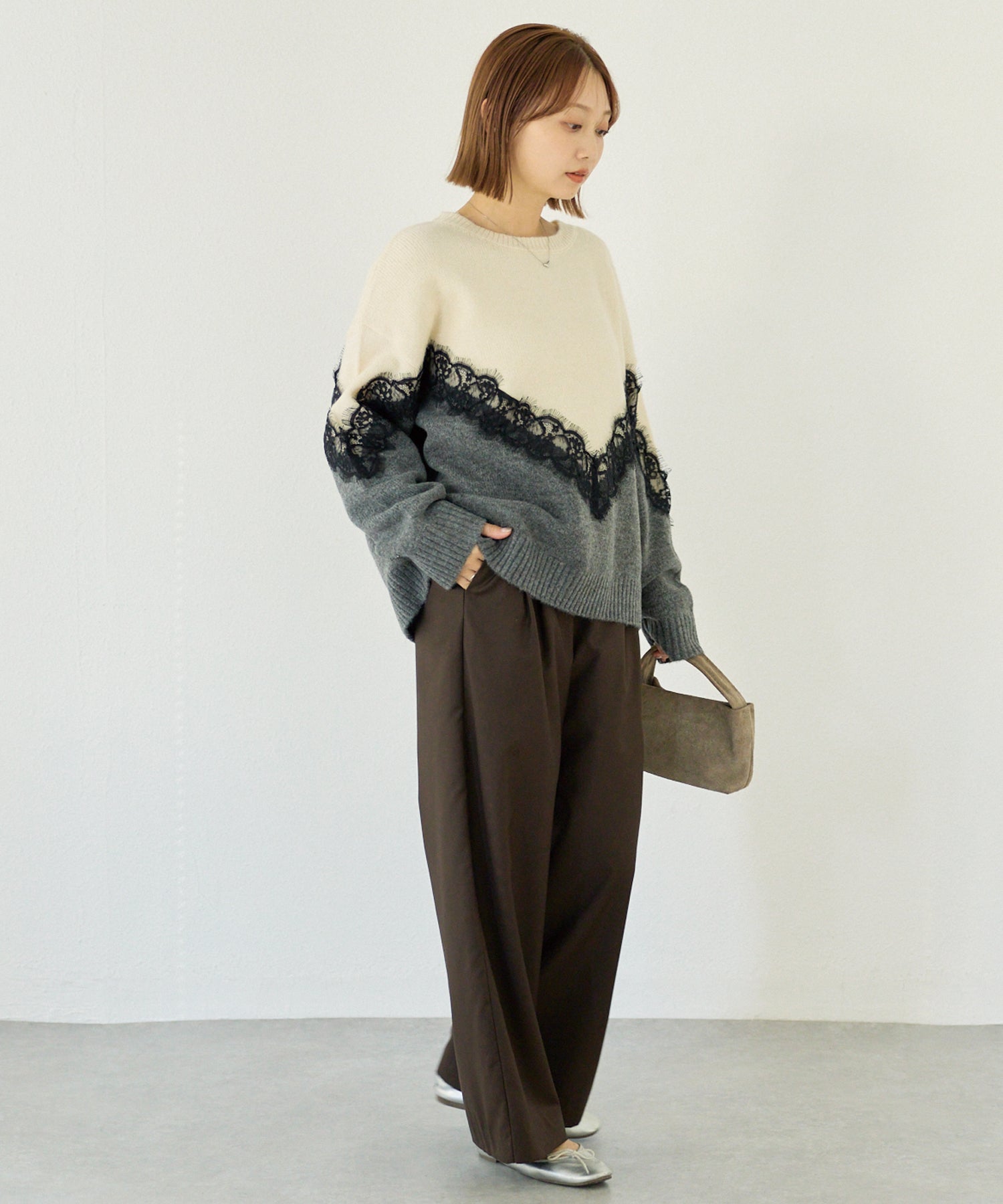 【洗える】レース切替バイカラーニットプルオーバー