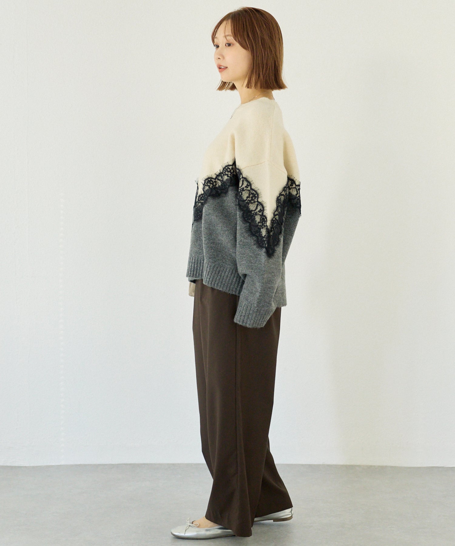 【洗える】レース切替バイカラーニットプルオーバー