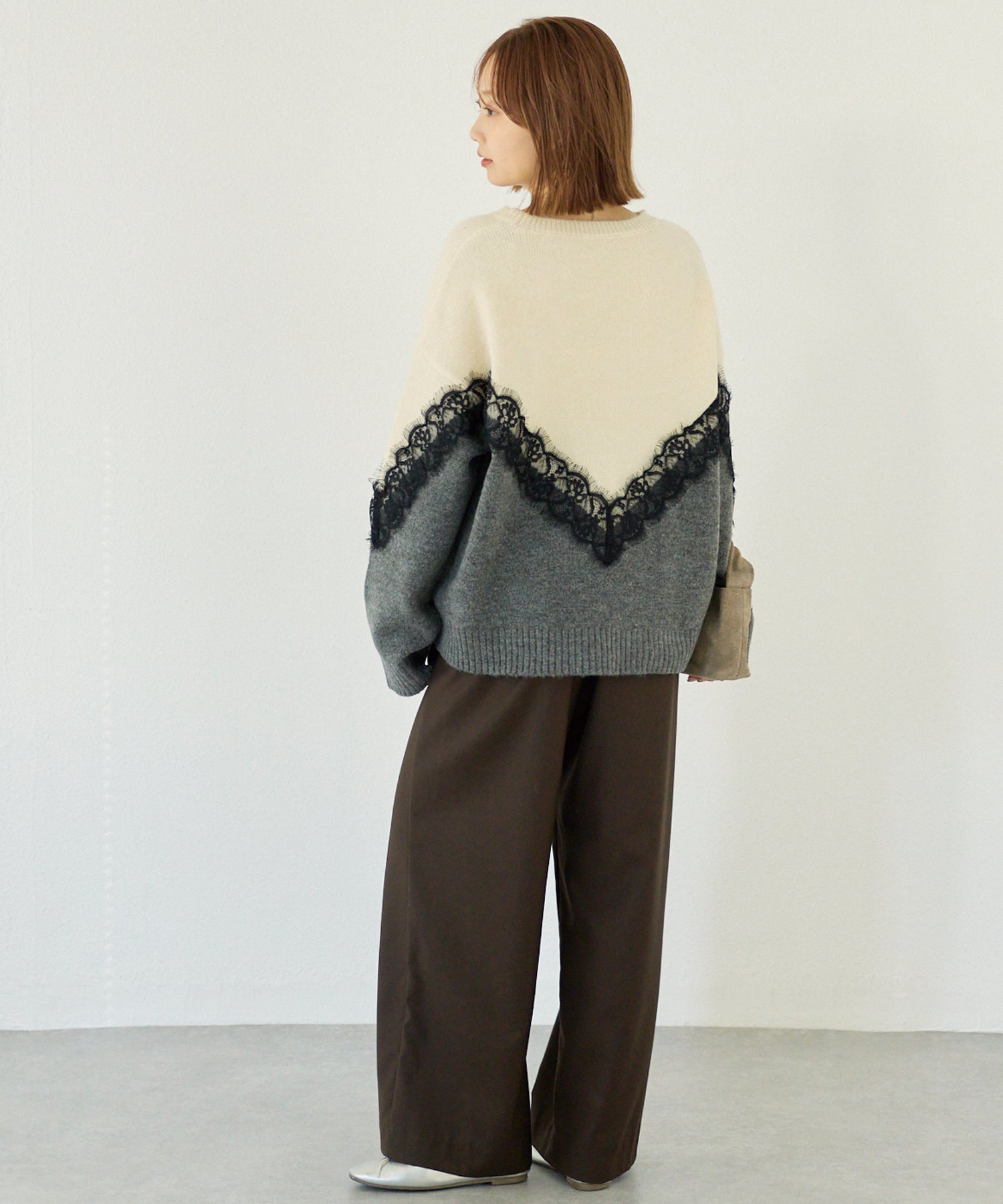 【洗える】レース切替バイカラーニットプルオーバー