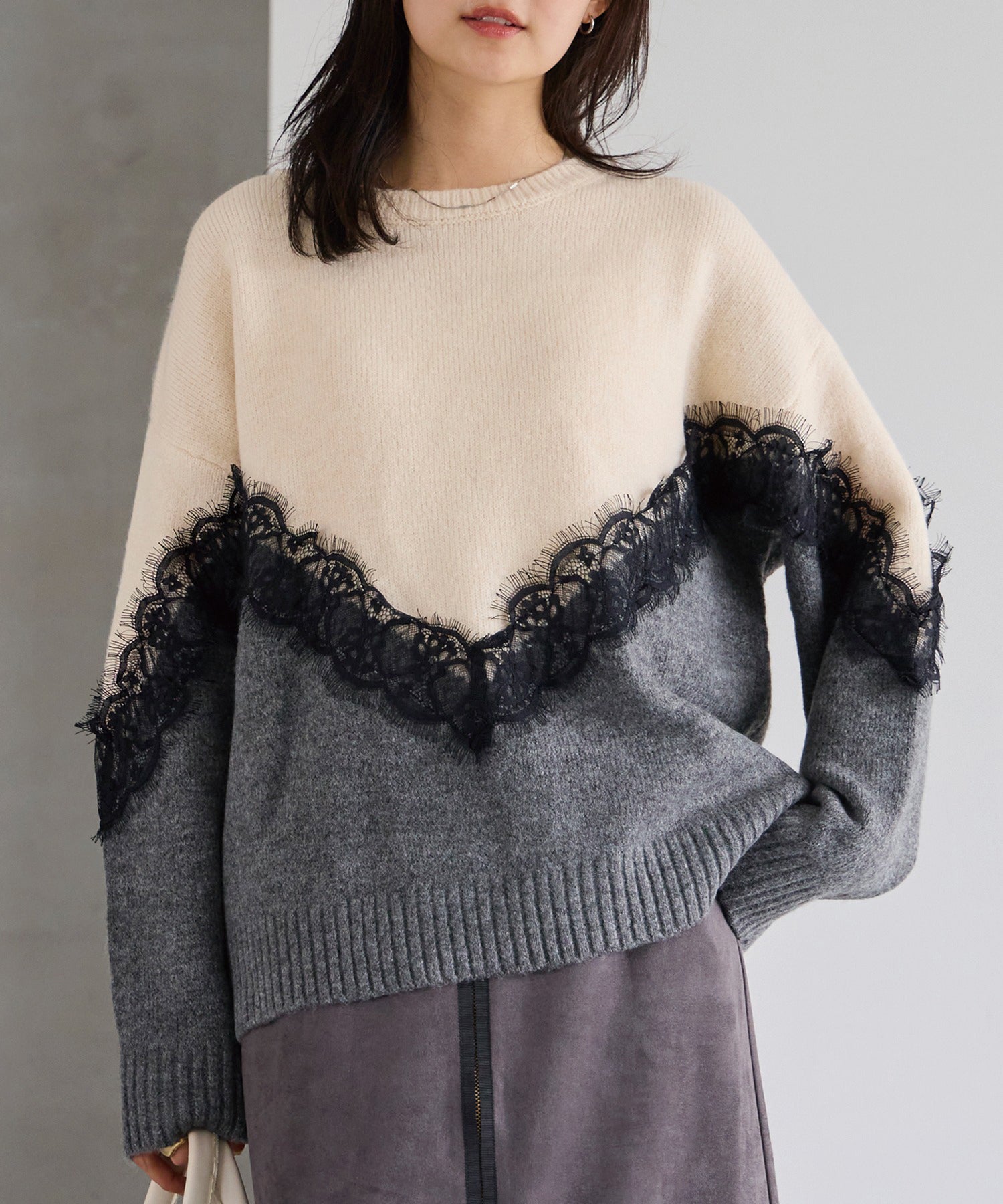 【洗える】レース切替バイカラーニットプルオーバー