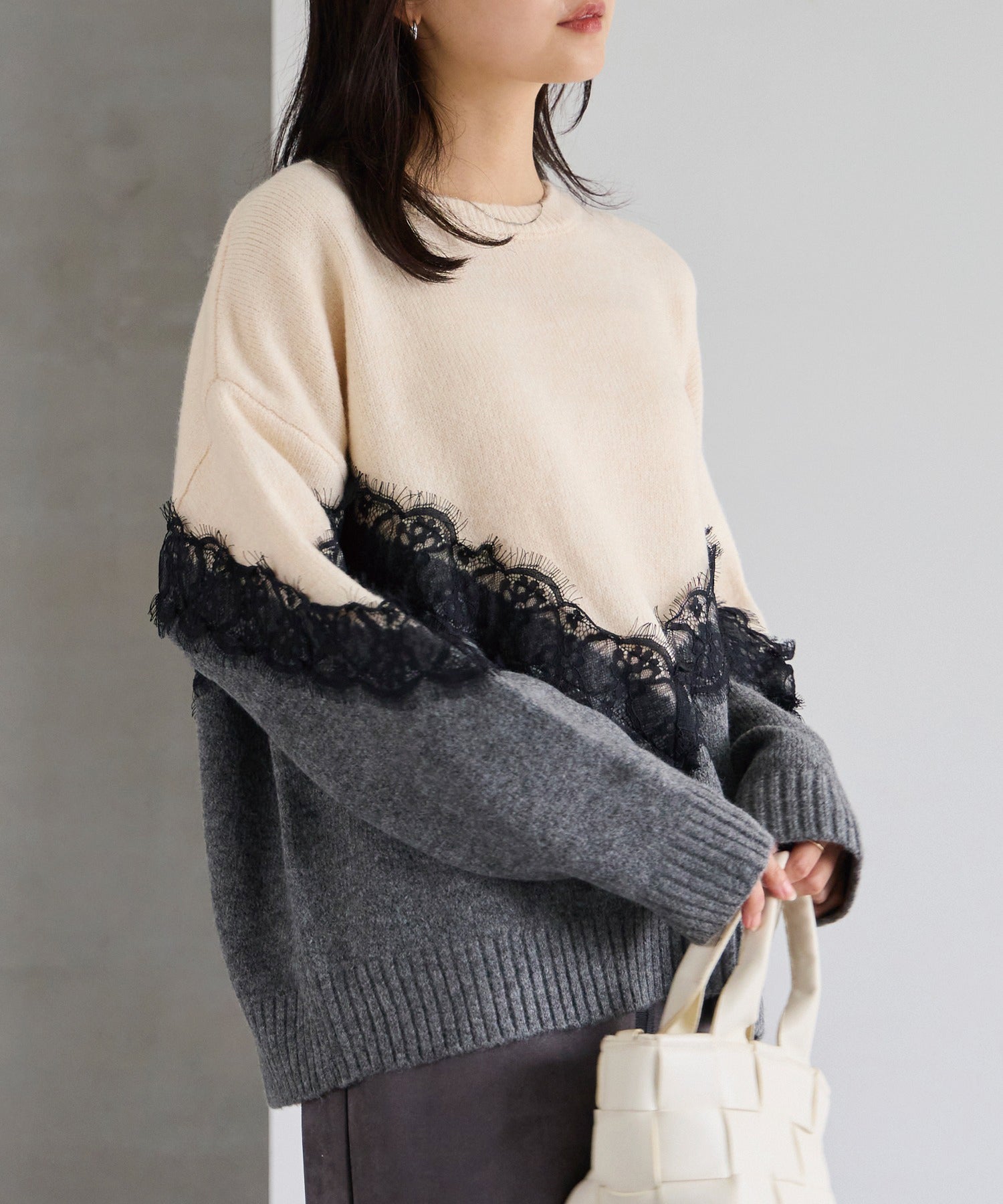 【洗える】レース切替バイカラーニットプルオーバー