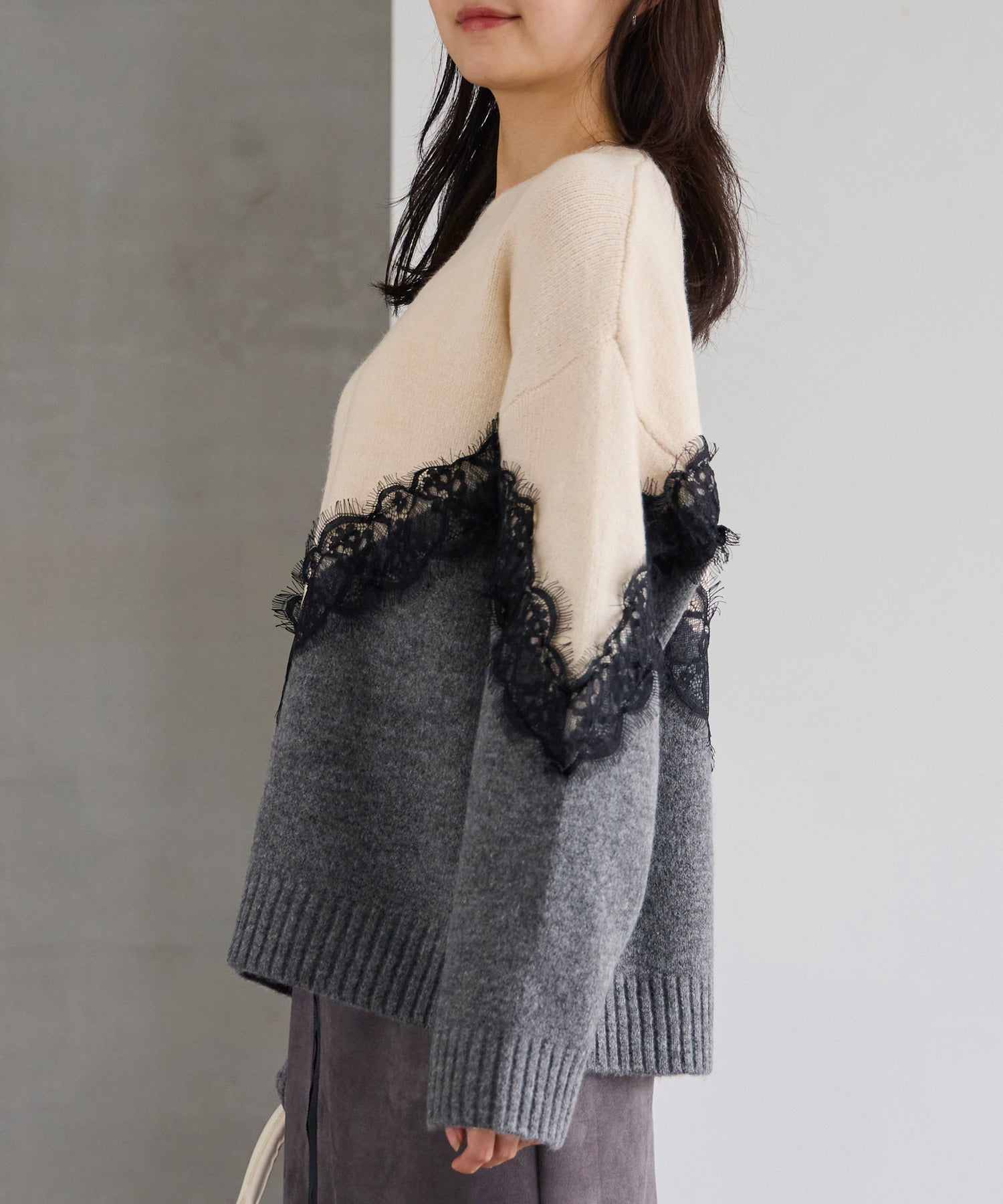 【洗える】レース切替バイカラーニットプルオーバー