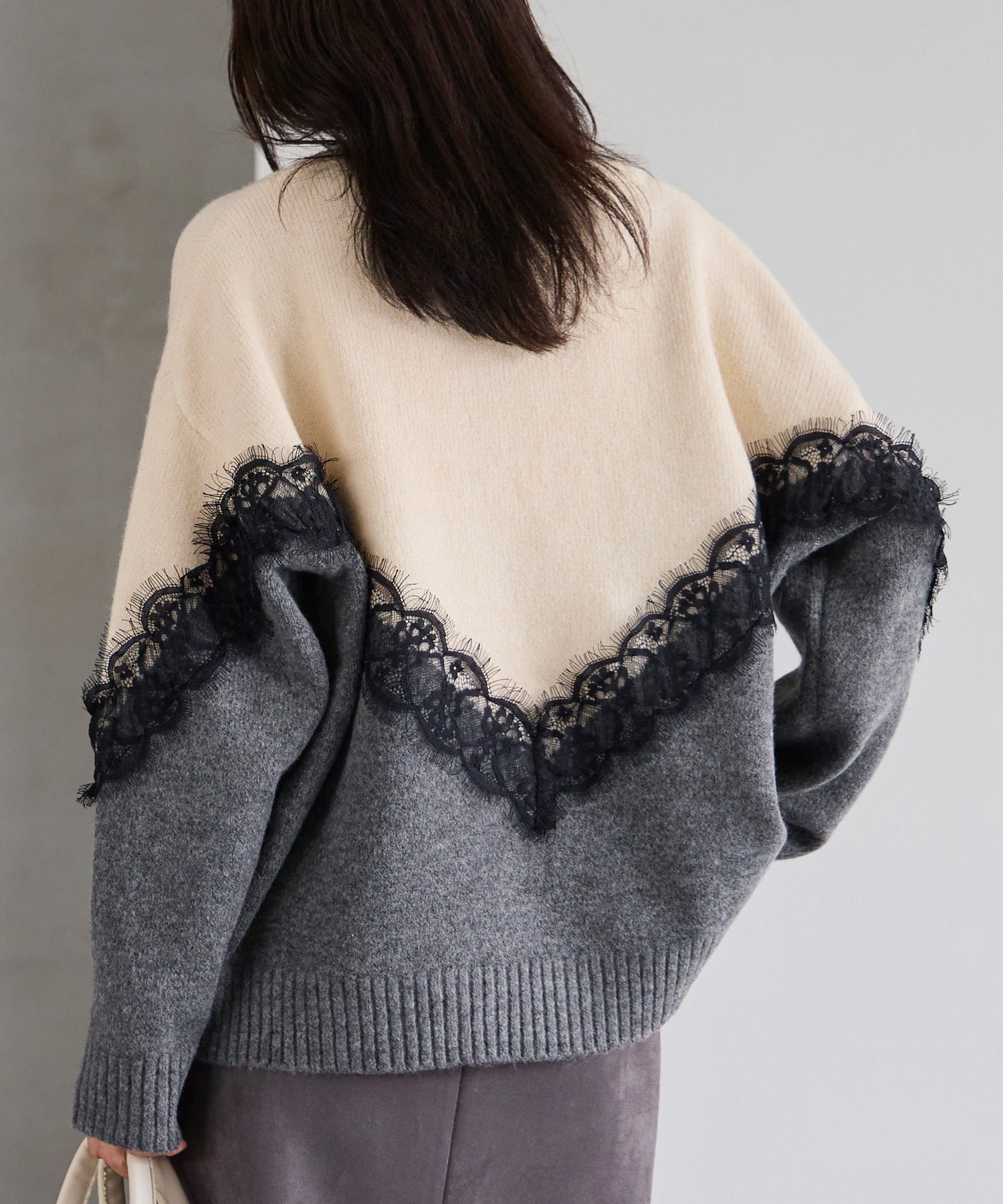 【洗える】レース切替バイカラーニットプルオーバー