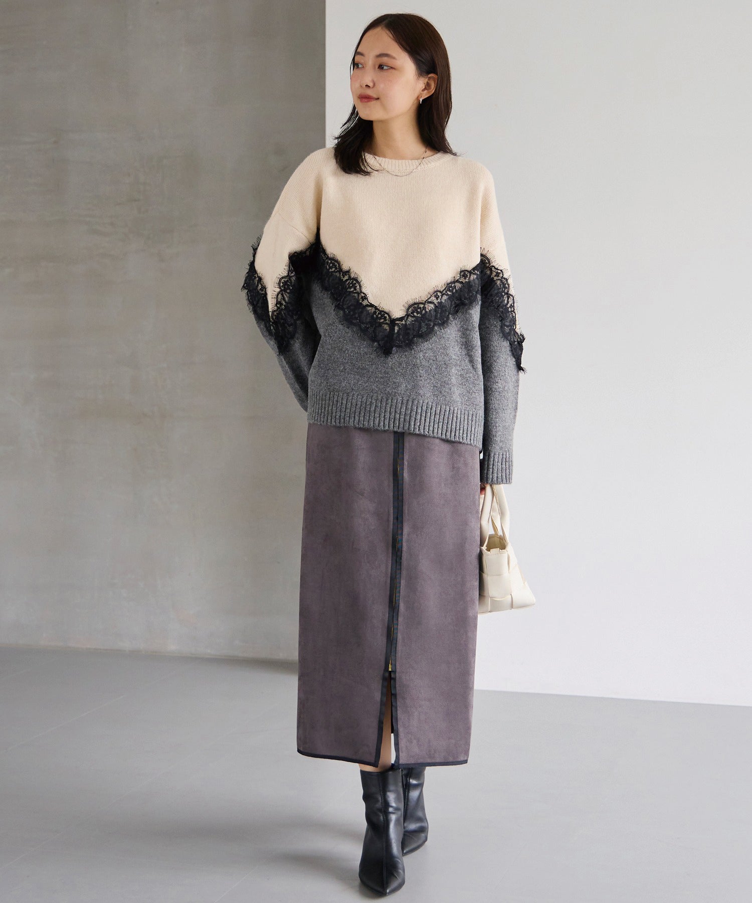 【洗える】レース切替バイカラーニットプルオーバー