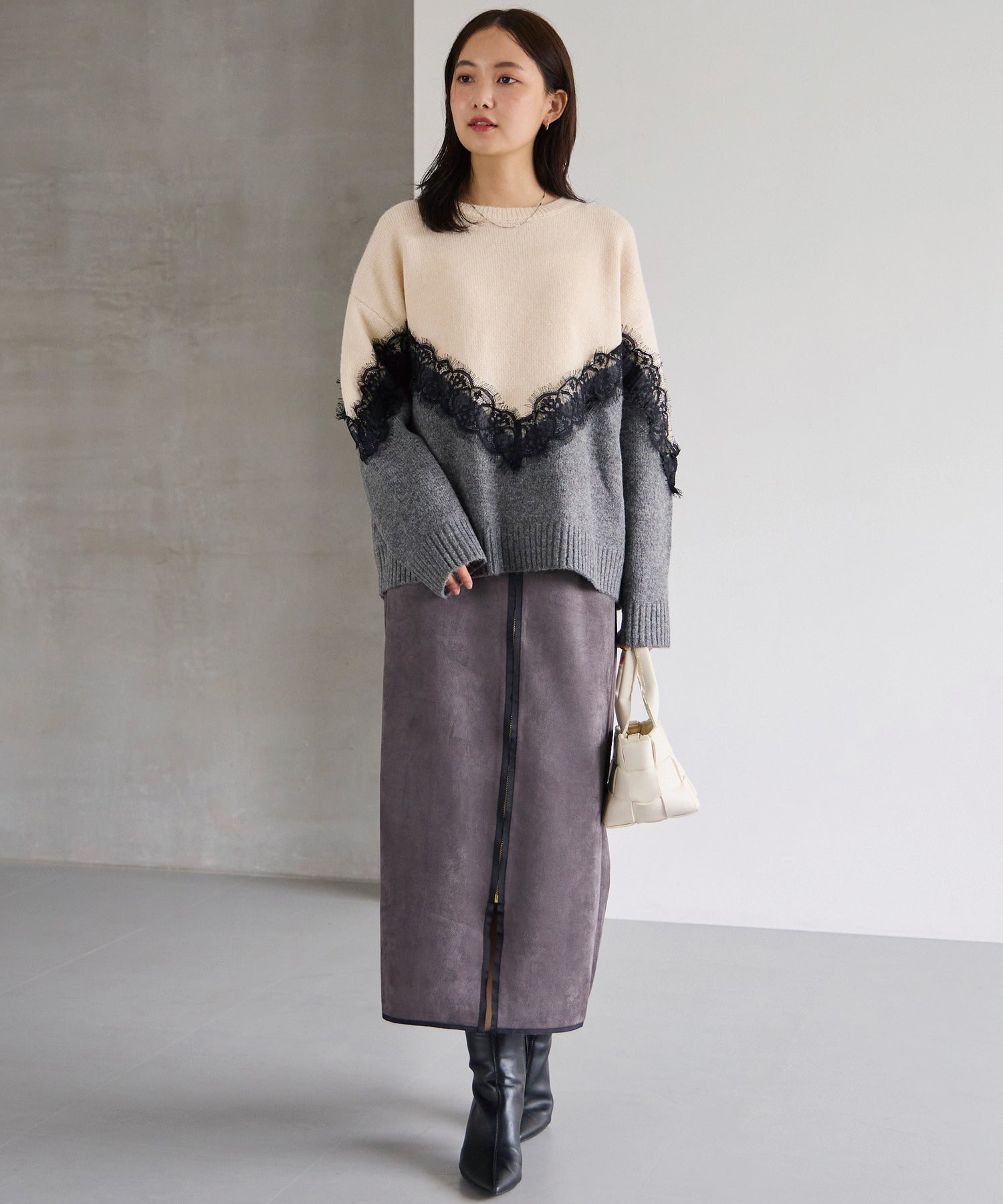 【洗える】レース切替バイカラーニットプルオーバー