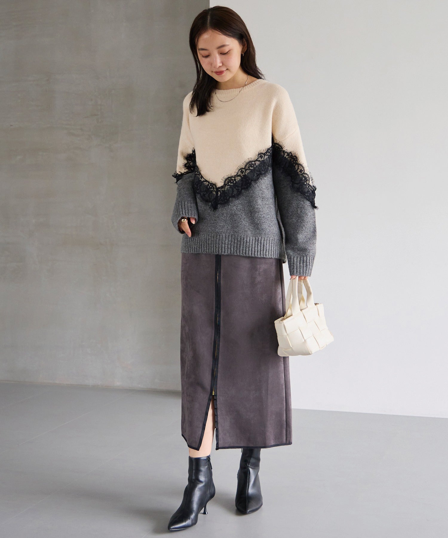 【洗える】レース切替バイカラーニットプルオーバー