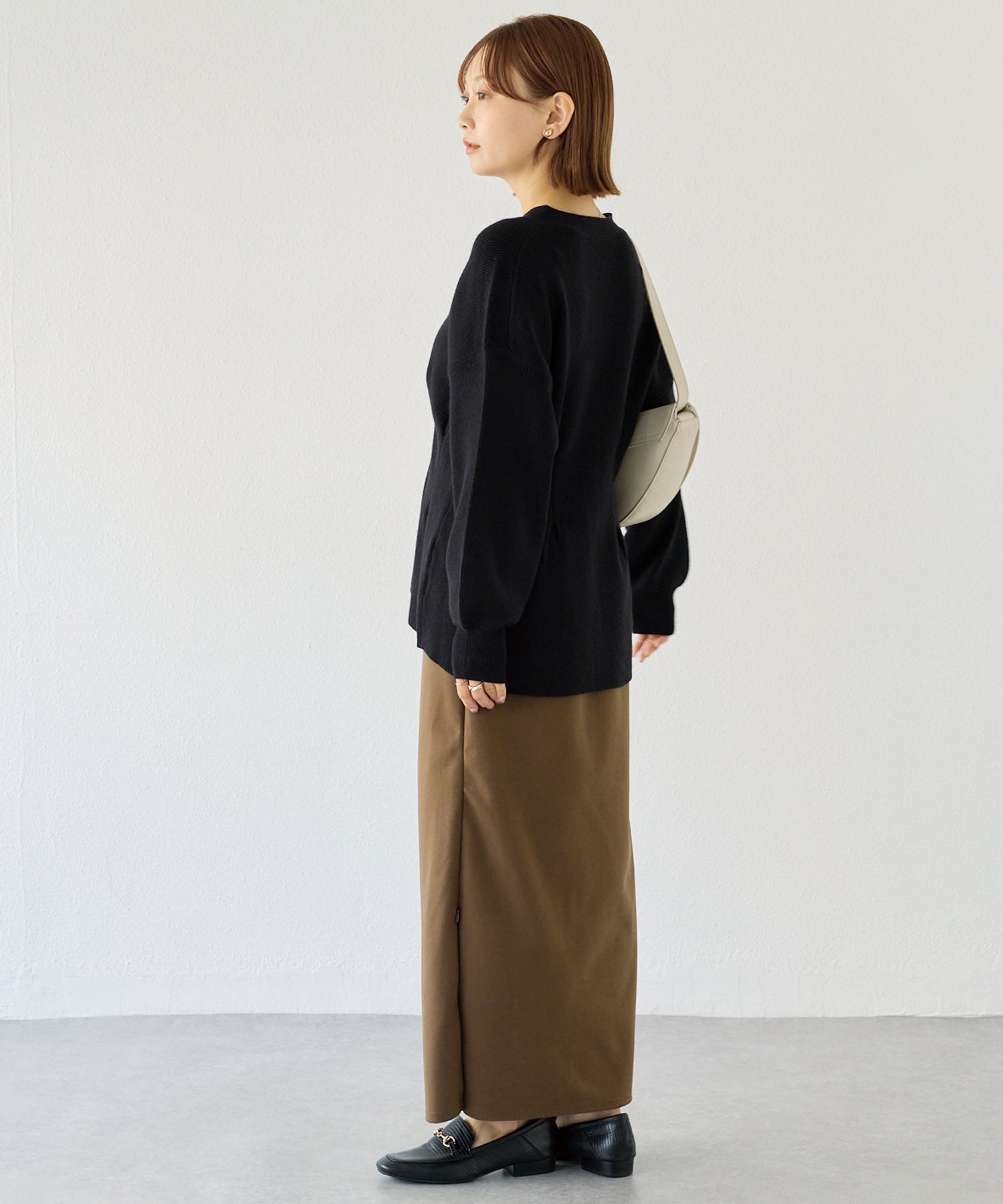 【洗える】ウエストタックニットカーデ