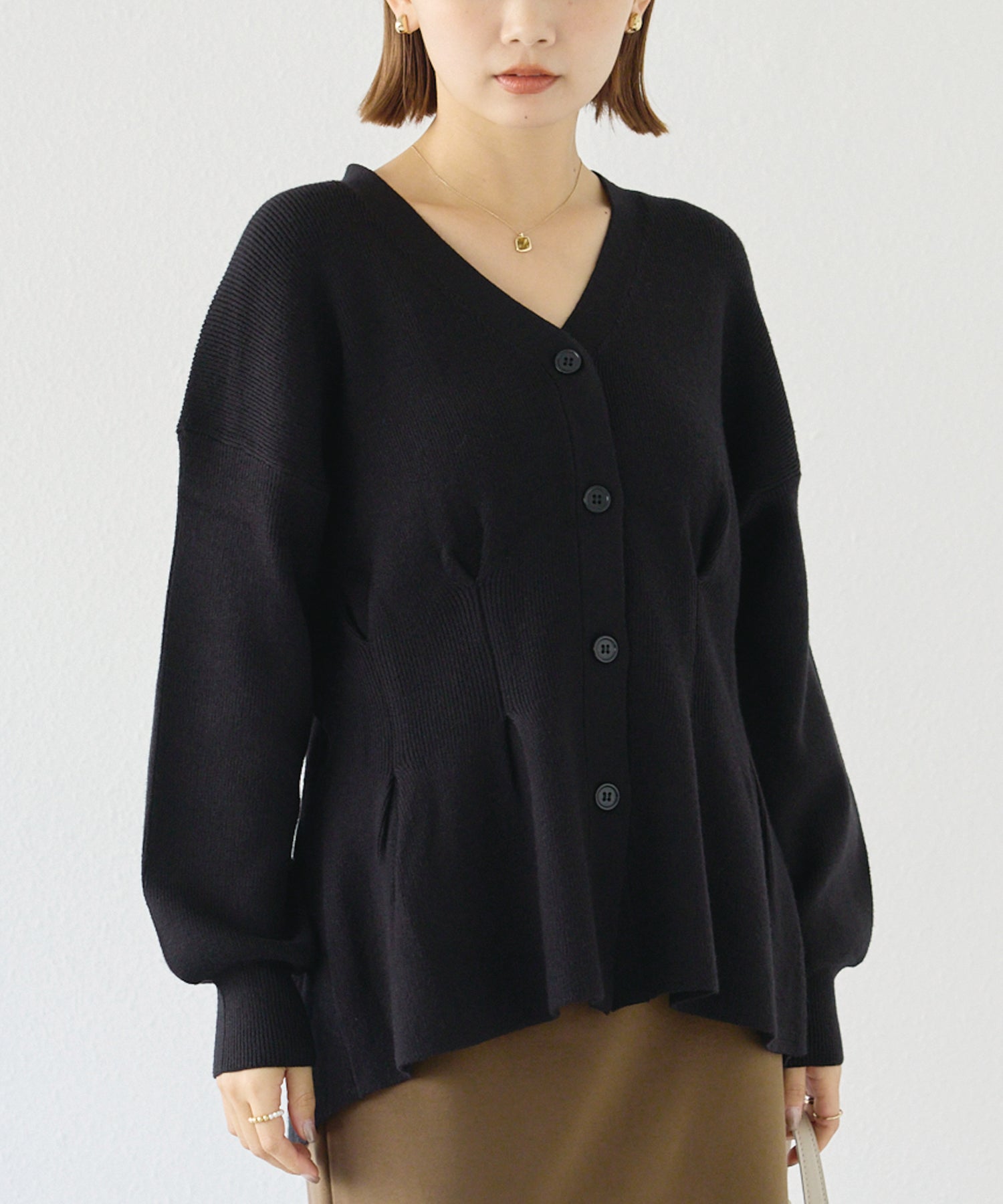 【洗える】ウエストタックニットカーデ