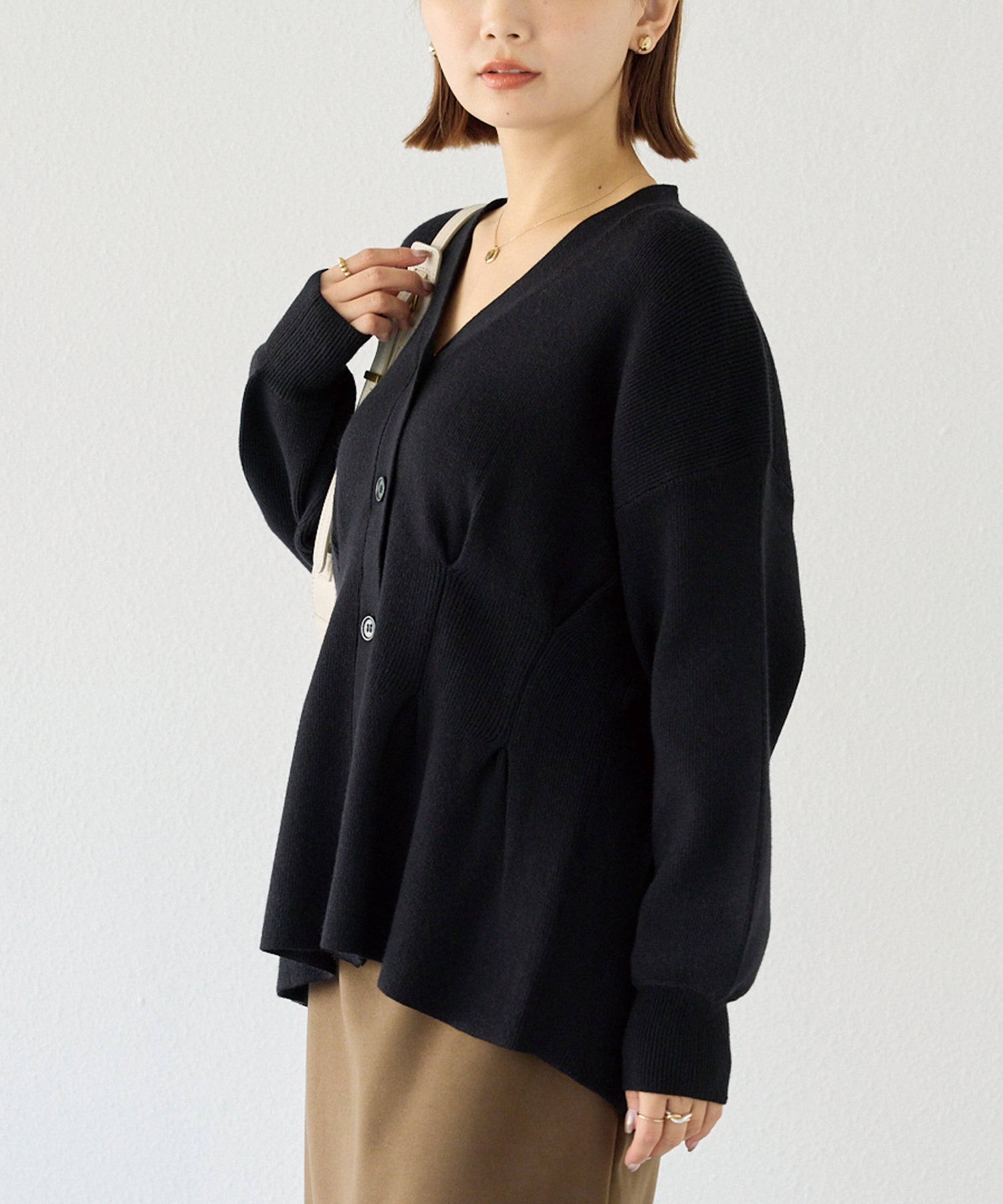 【洗える】ウエストタックニットカーデ