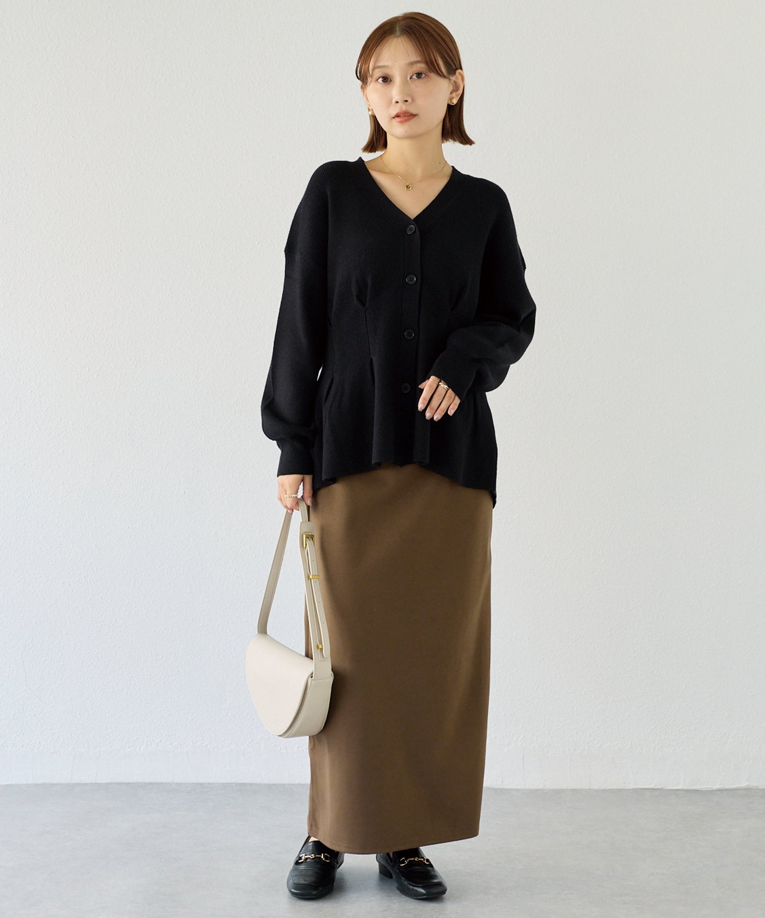 【洗える】ウエストタックニットカーデ