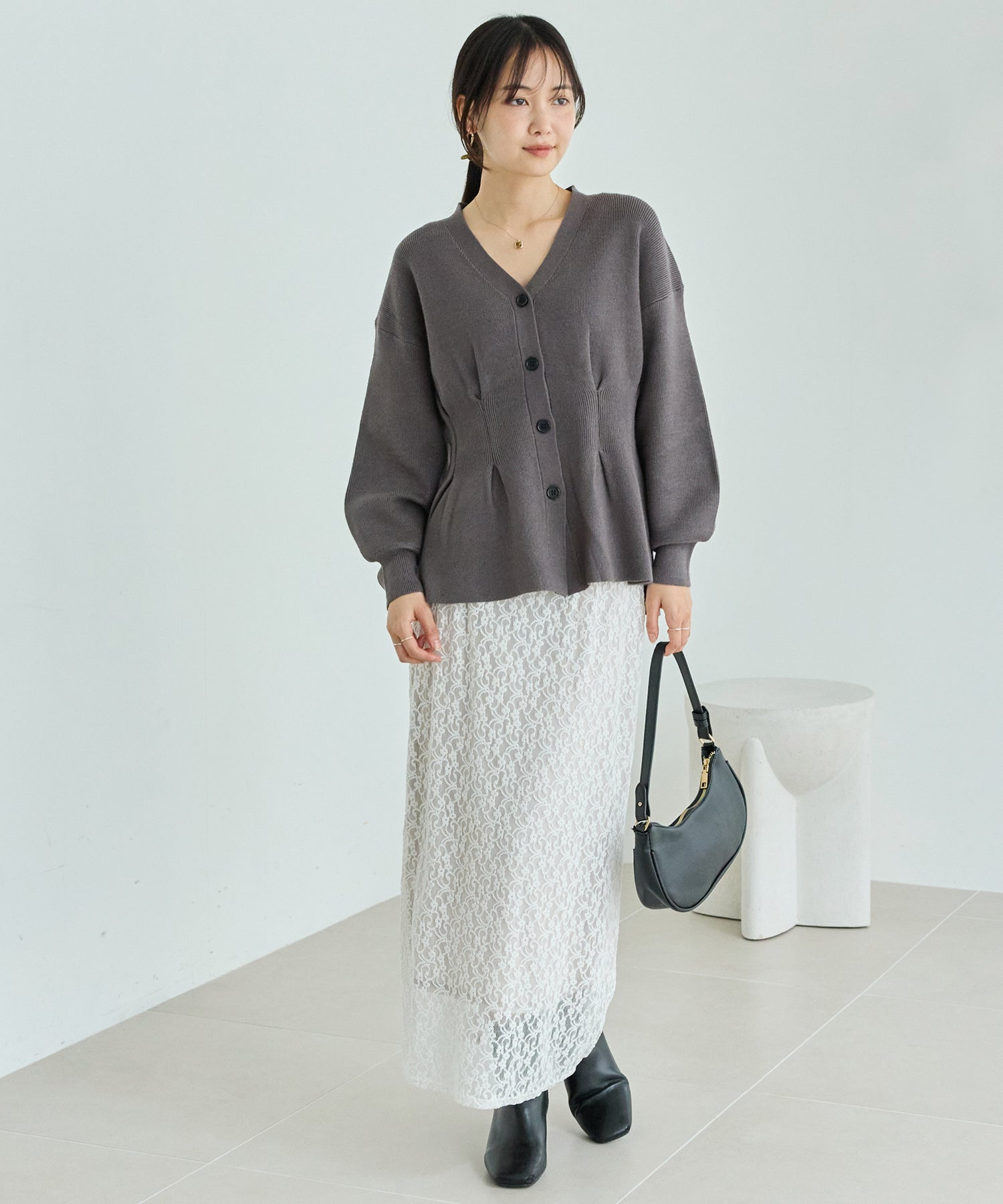 【洗える】ウエストタックニットカーデ